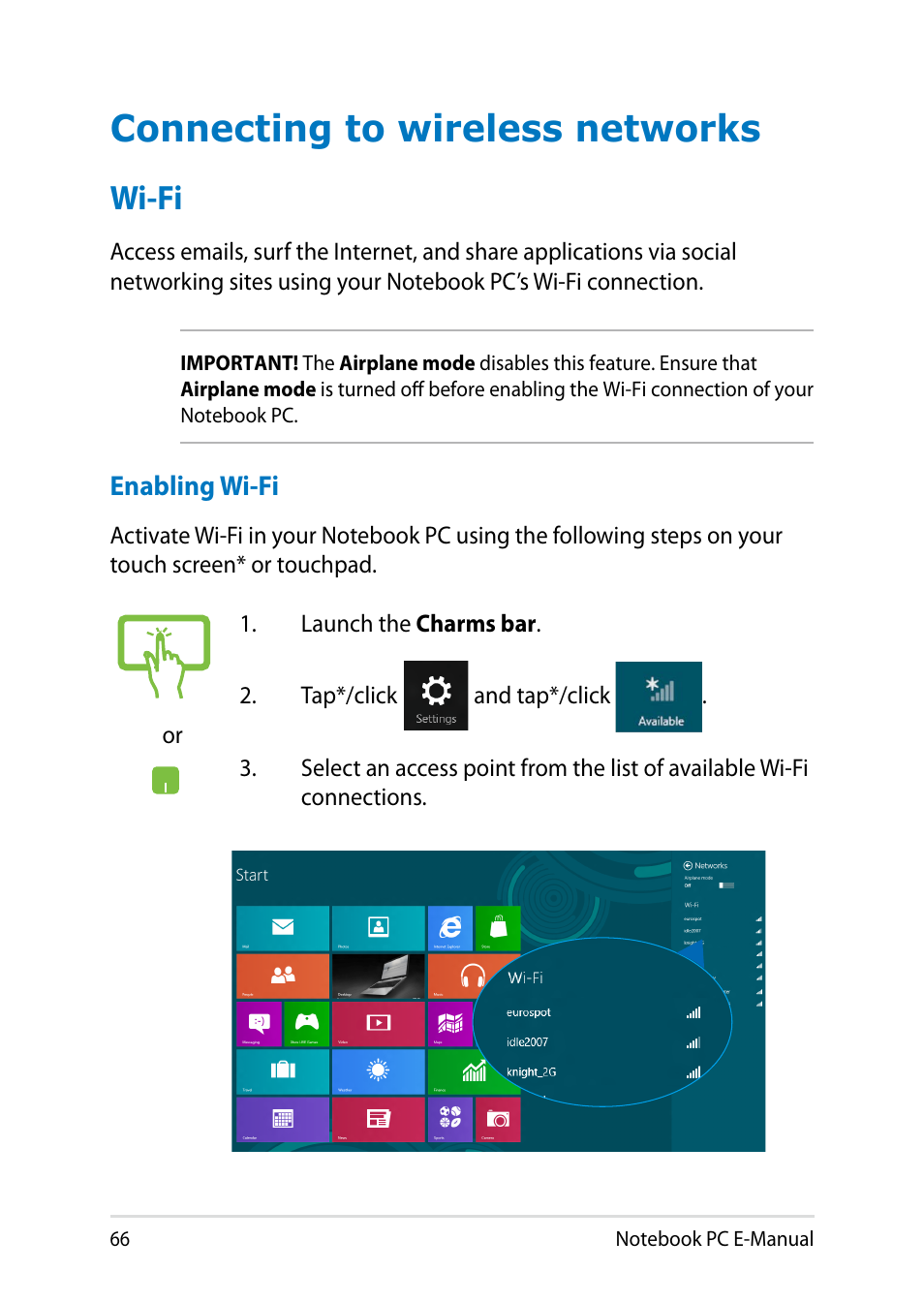 Connecting to wireless networks, Wi-fi | Asus R552LF User Manual | Page 66 / 140