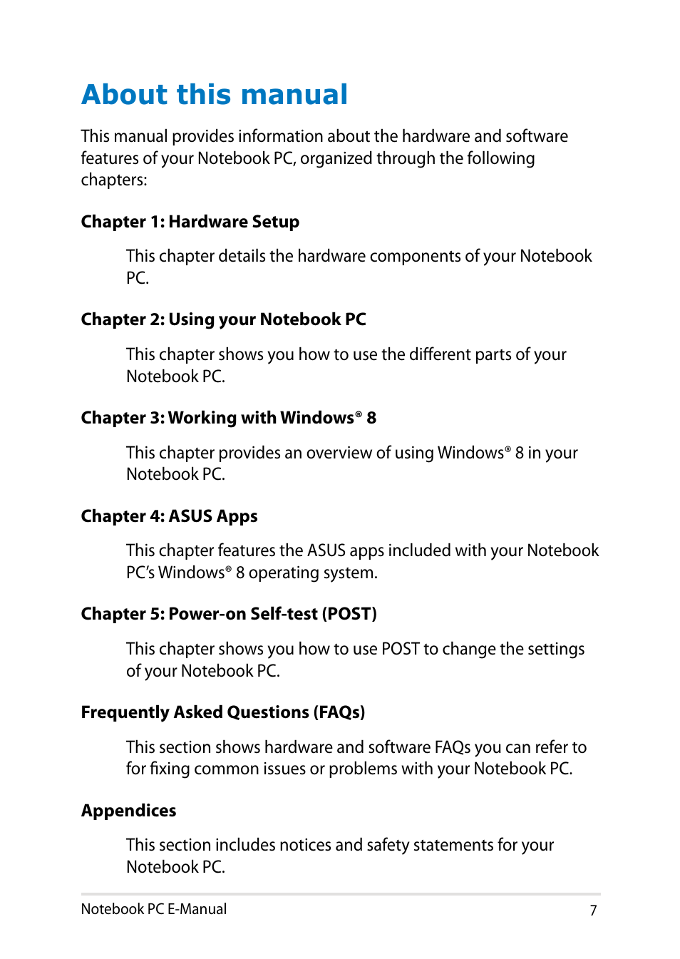 About this manual | Asus R552LF User Manual | Page 7 / 140
