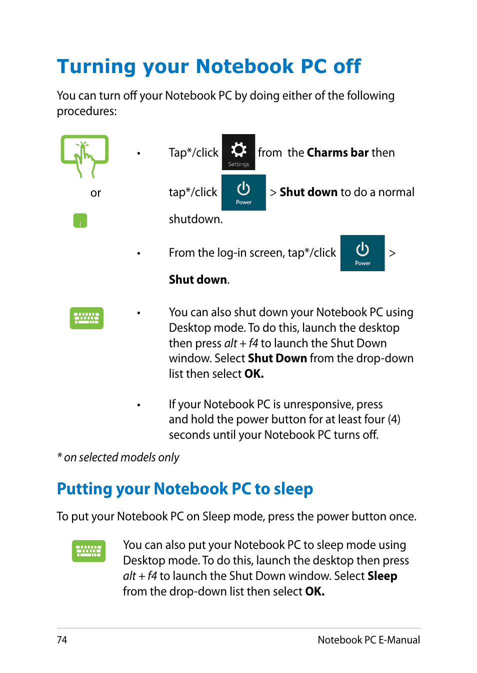 Turning your notebook pc off, Putting your notebook pc to sleep | Asus R552LF User Manual | Page 74 / 140