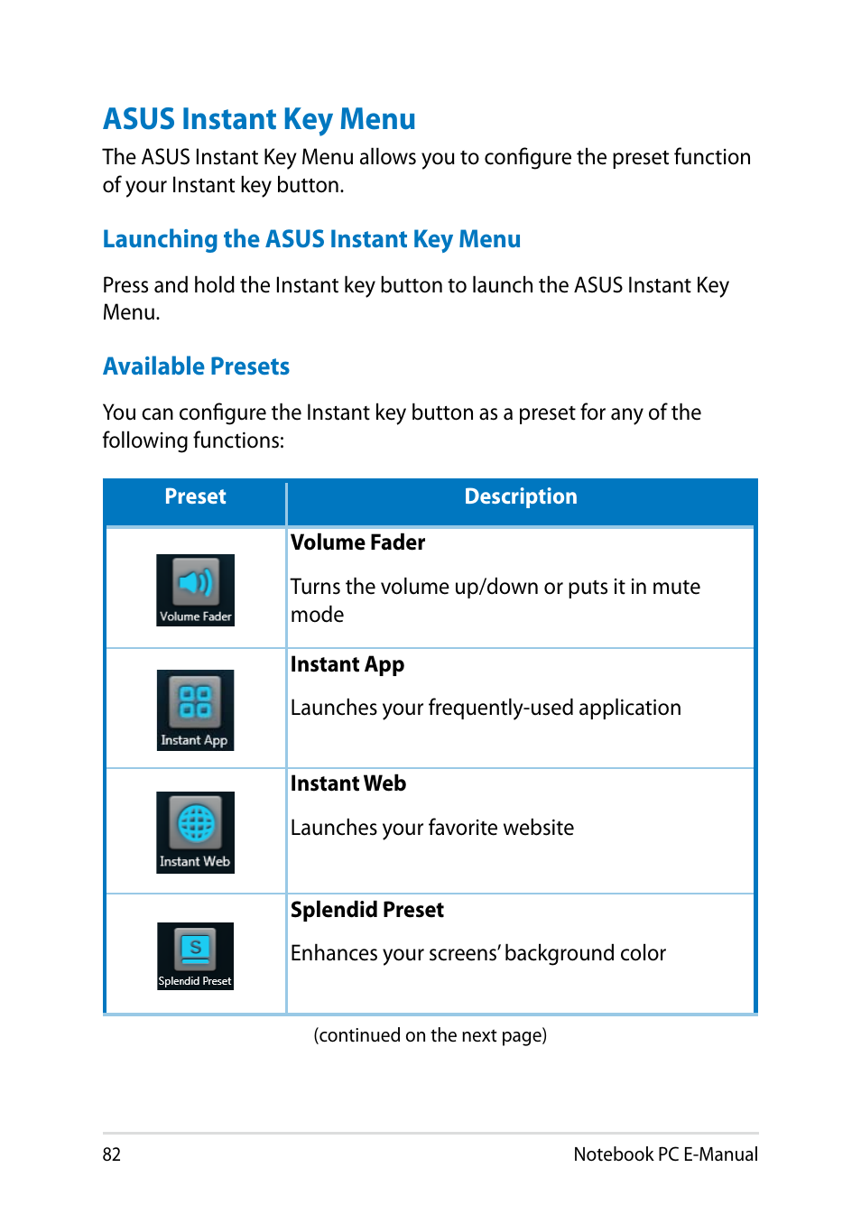 Asus instant key menu | Asus R552LF User Manual | Page 82 / 140