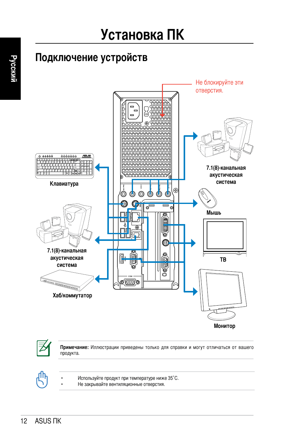 Установка пк, Подключение устройств, Русский | Asus CP1420 User Manual | Page 134 / 202