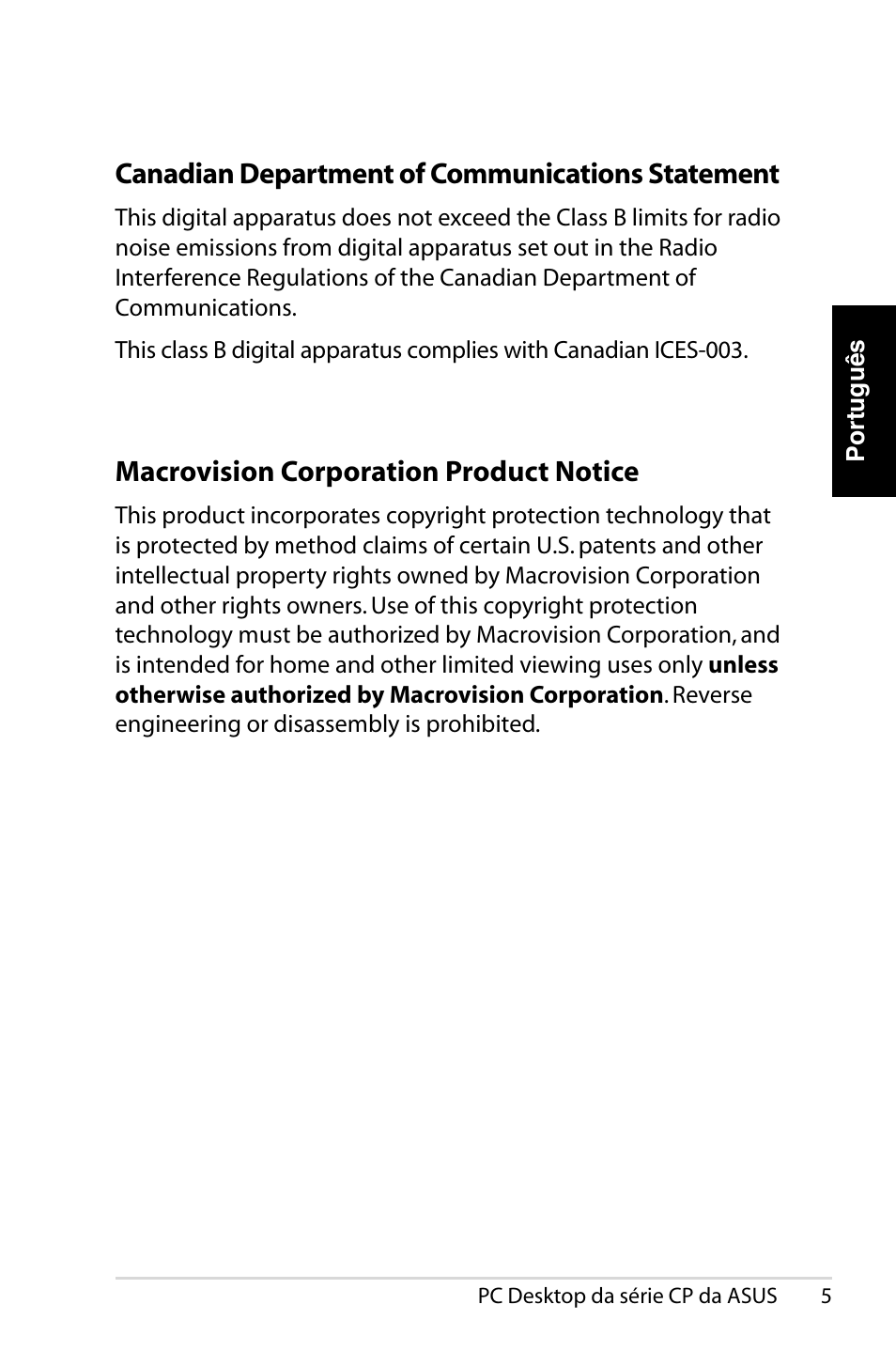 Canadian department of communications statement, Macrovision corporation product notice | Asus CP1420 User Manual | Page 147 / 202