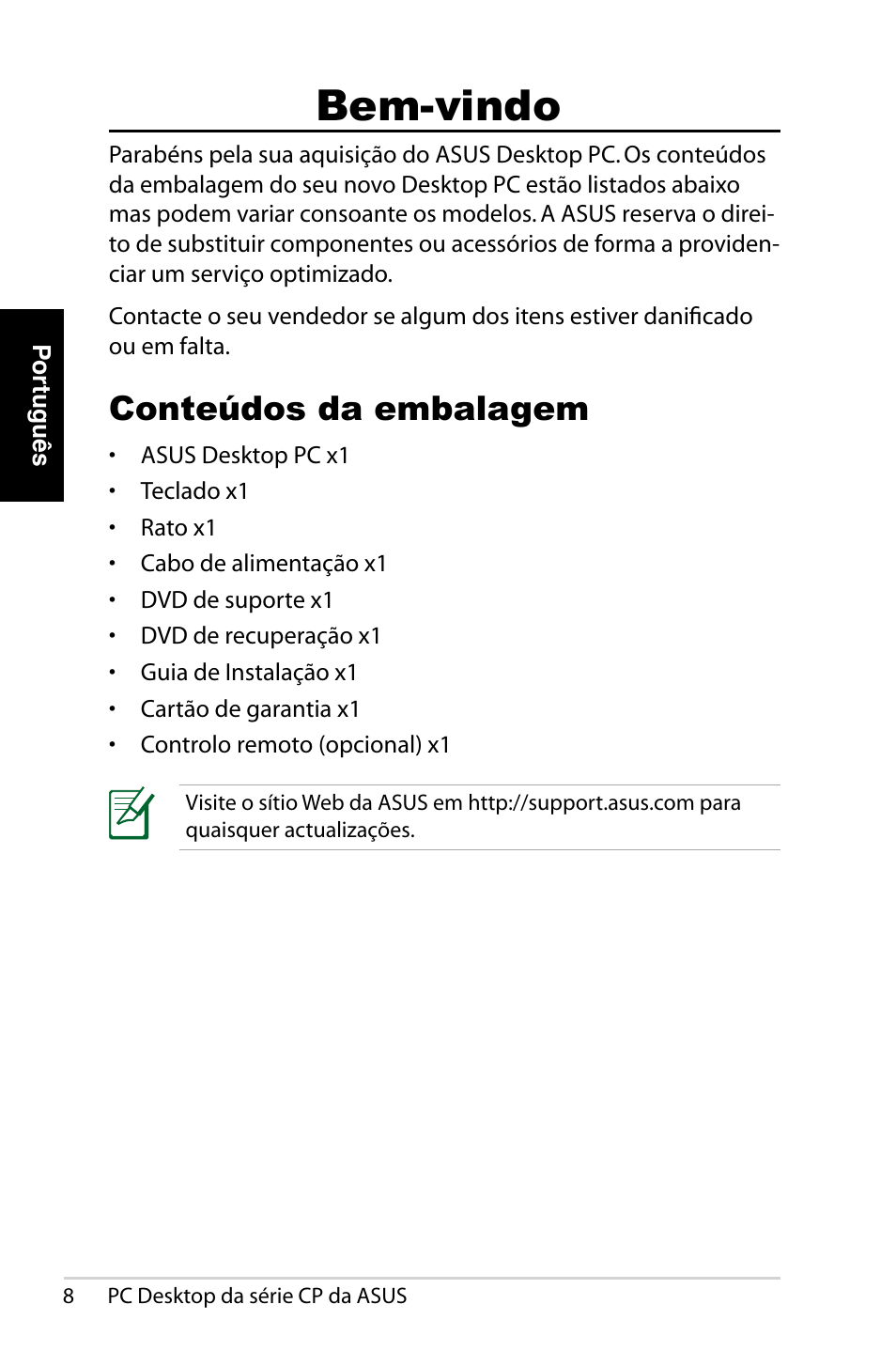 Bem-vindo, Conteúdos da embalagem | Asus CP1420 User Manual | Page 150 / 202