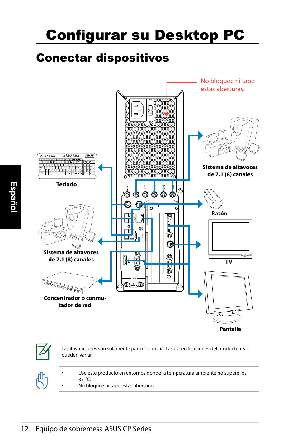 Configurar su desktop pc, Conectar dispositivos, Español | Asus CP1420 User Manual | Page 174 / 202