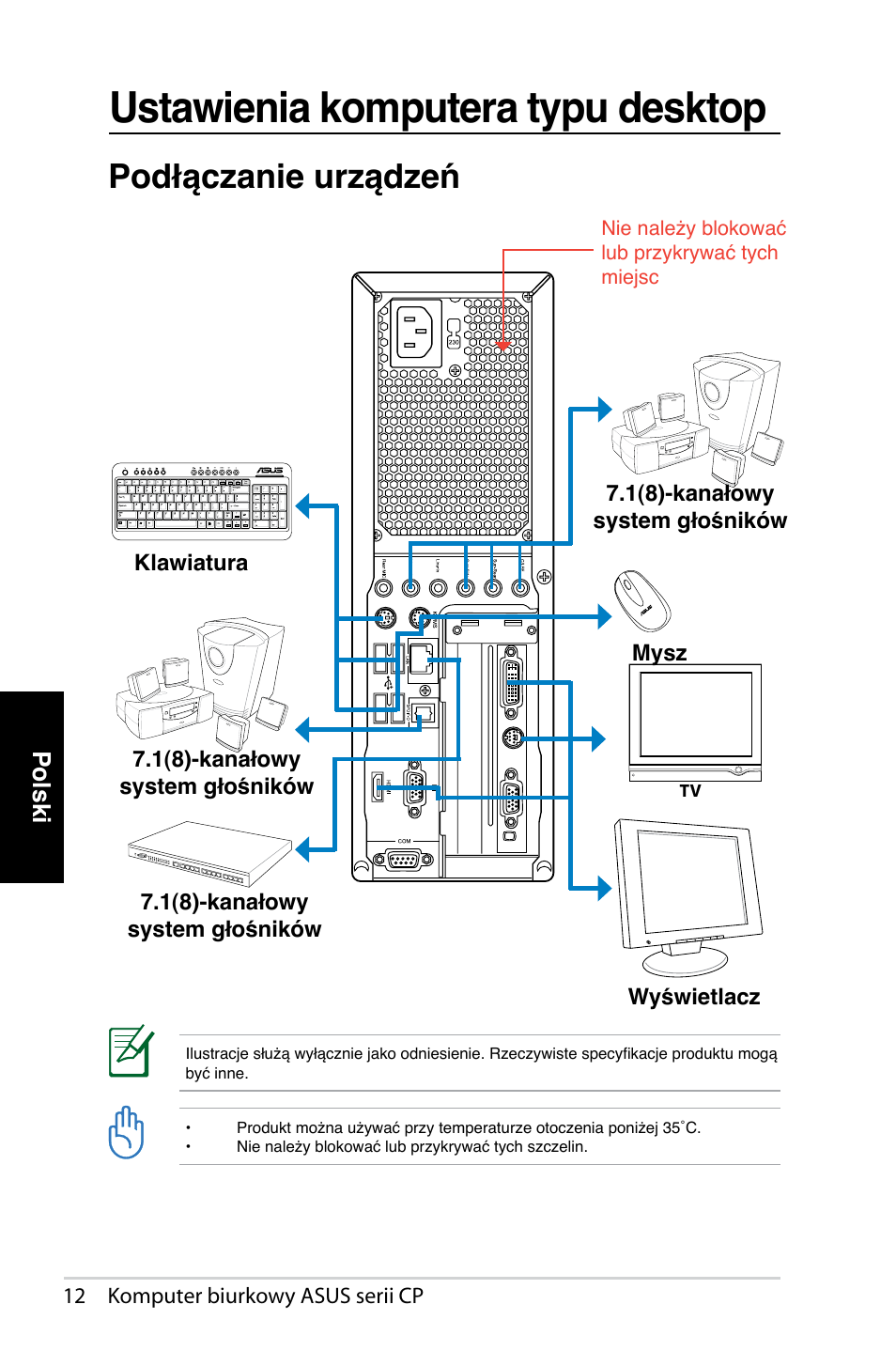 Ustawienia komputera typu desktop, Podłączanie urządzeń | Asus CP1420 User Manual | Page 194 / 202