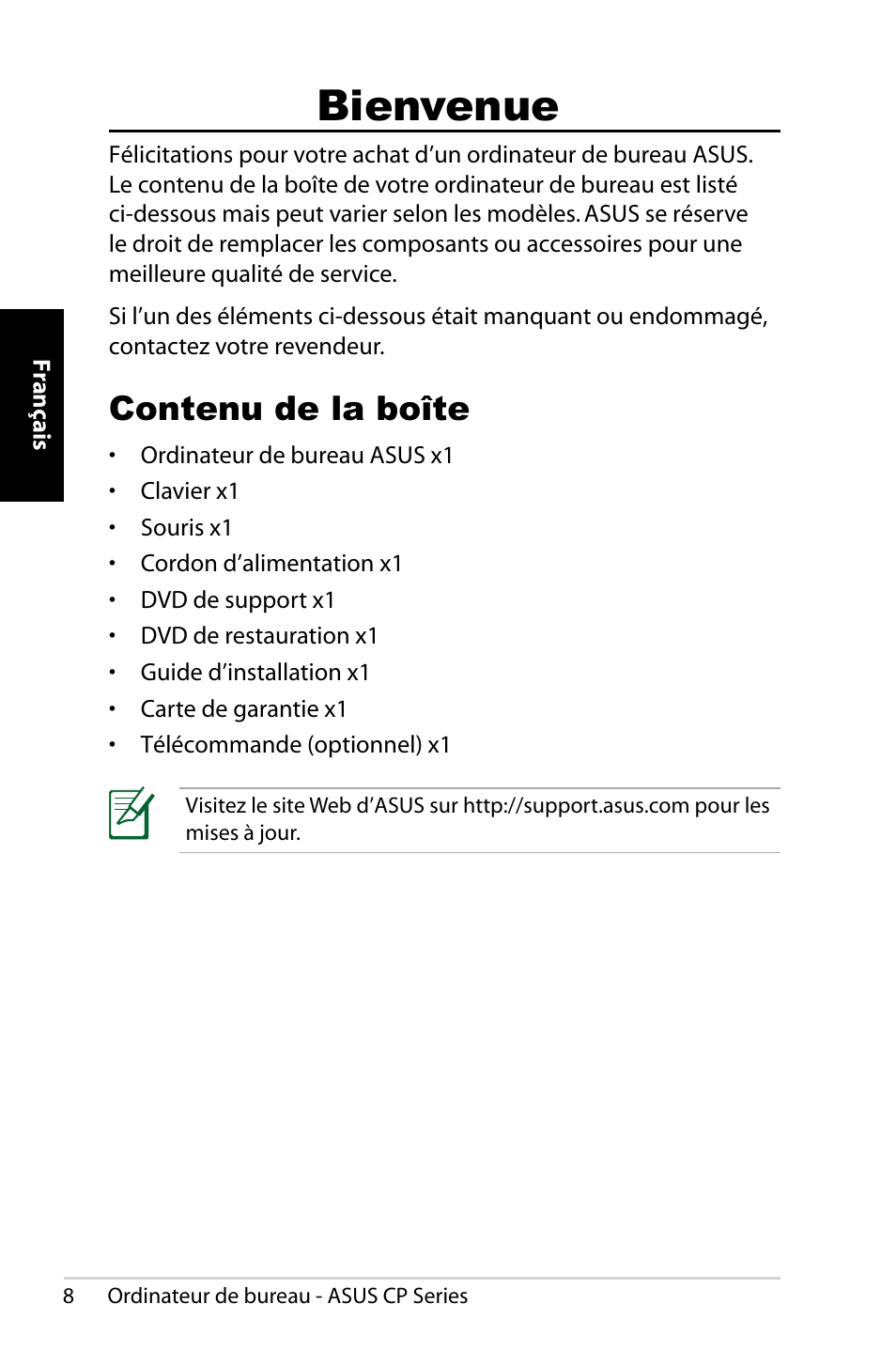 Bienvenue, Contenu de la boîte | Asus CP1420 User Manual | Page 28 / 202