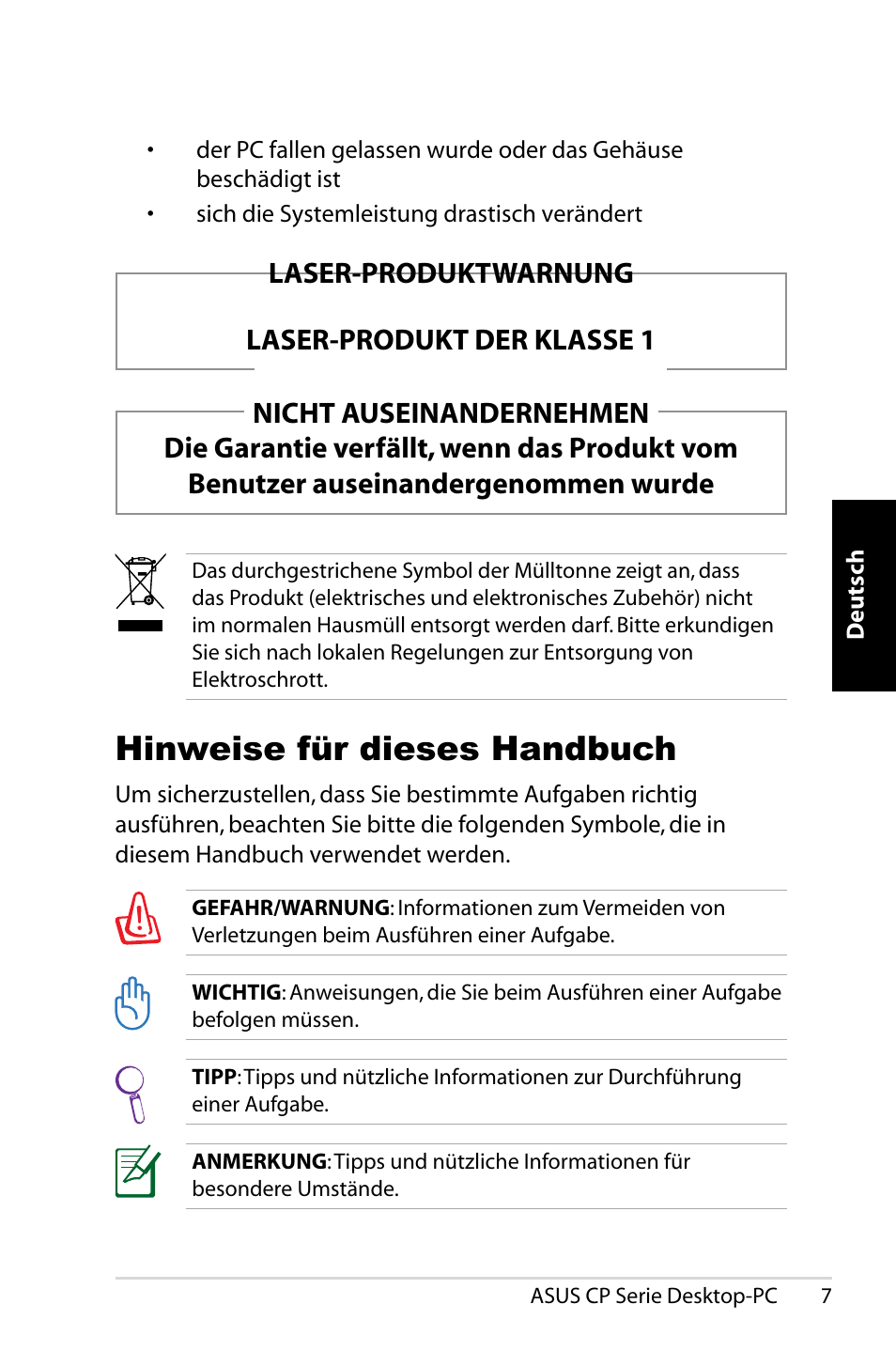 Hinweise für dieses handbuch, Laser-produktwarnung laser-produkt der klasse 1 | Asus CP1420 User Manual | Page 47 / 202