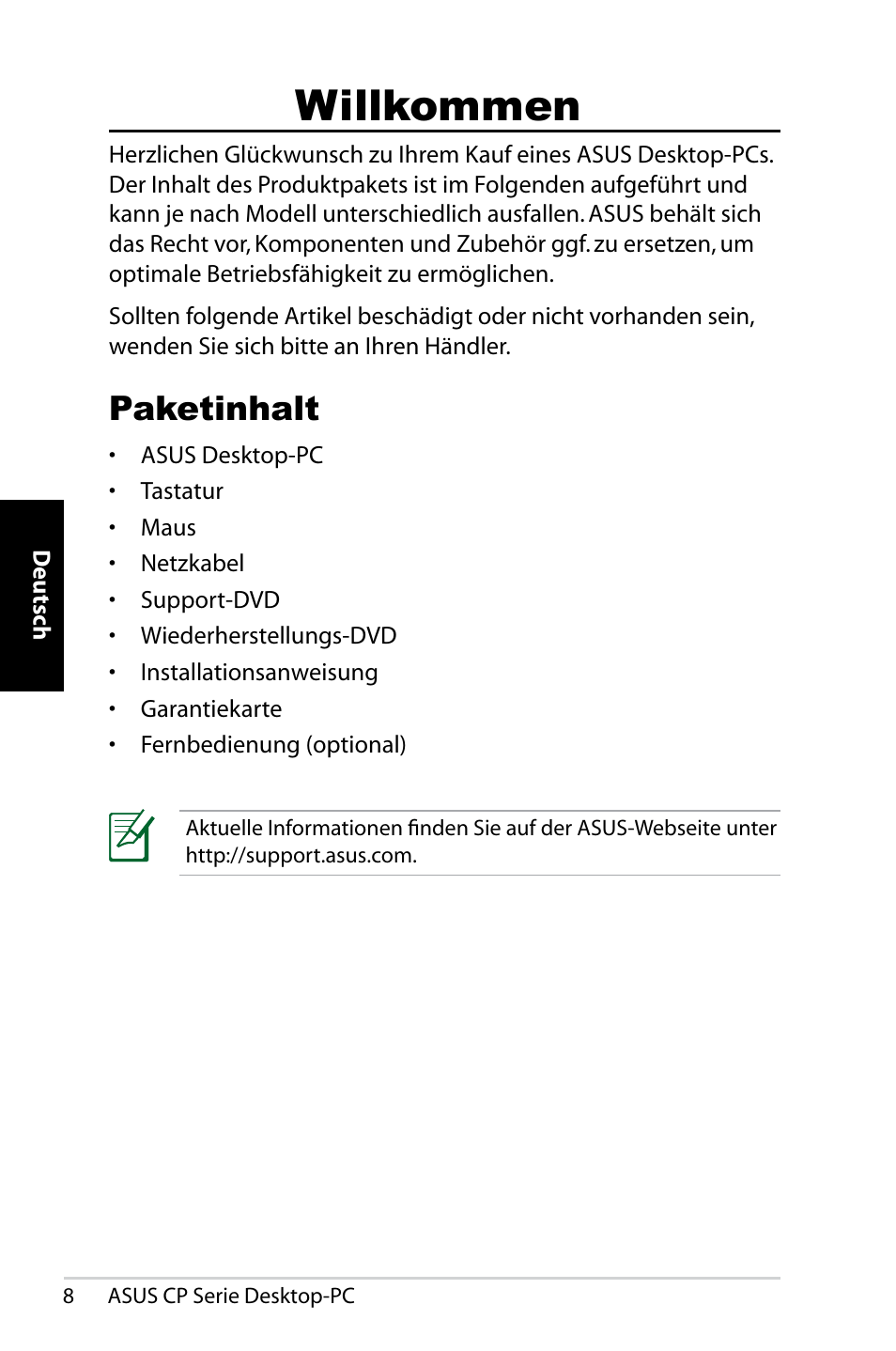 Willkommen, Paketinhalt | Asus CP1420 User Manual | Page 48 / 202