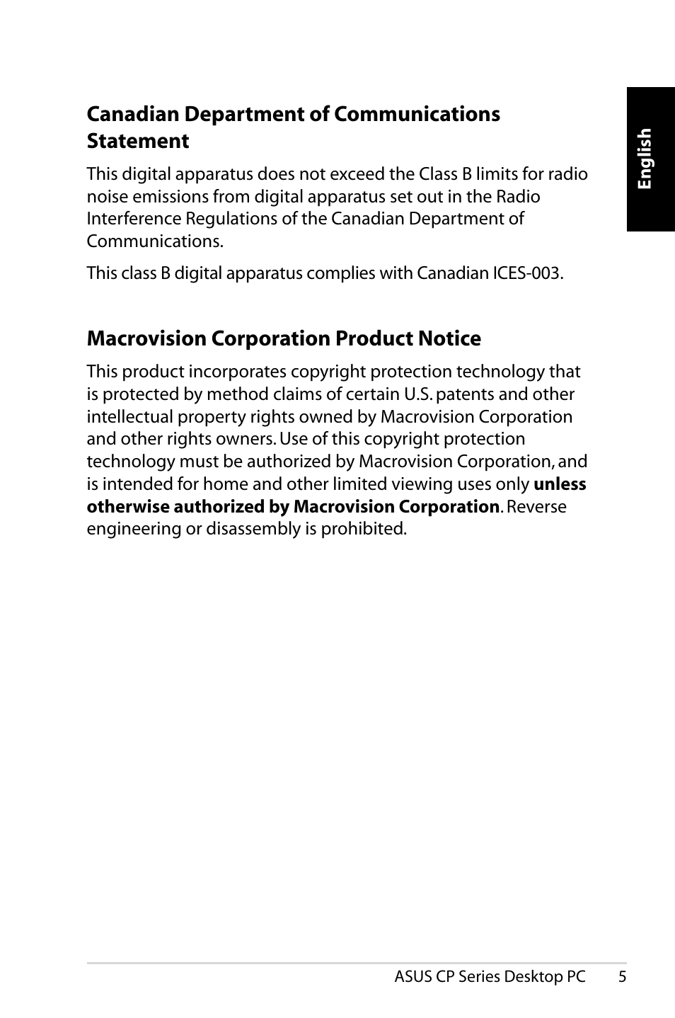 Canadian department of communications statement, Macrovision corporation product notice | Asus CP1420 User Manual | Page 5 / 202