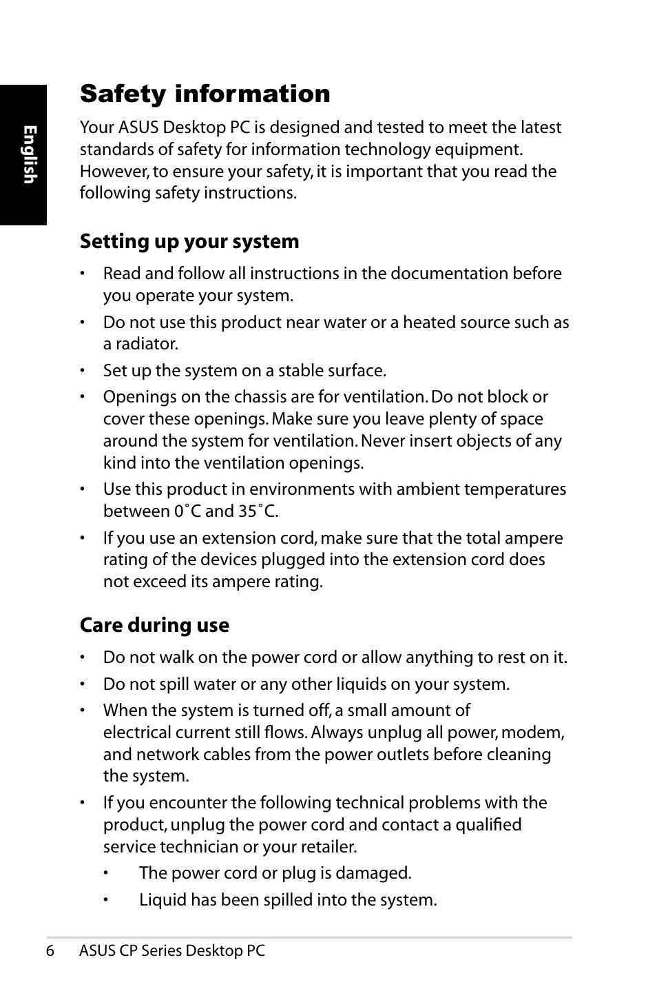 Safety information, Setting up your system, Care during use | Asus CP1420 User Manual | Page 6 / 202