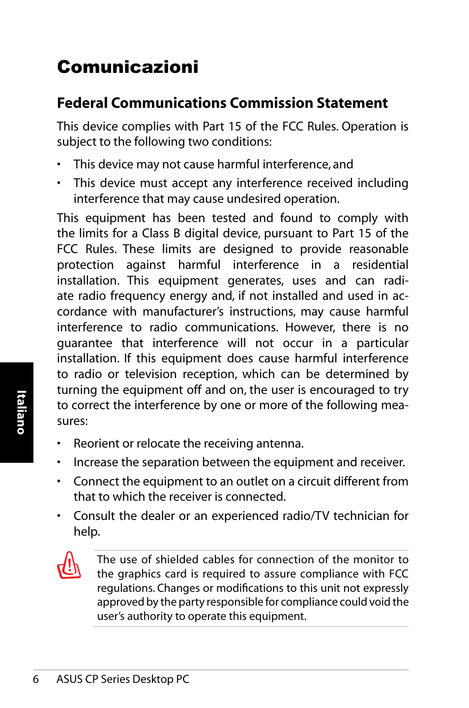 Comunicazioni, Federal communications commission statement | Asus CP1420 User Manual | Page 66 / 202