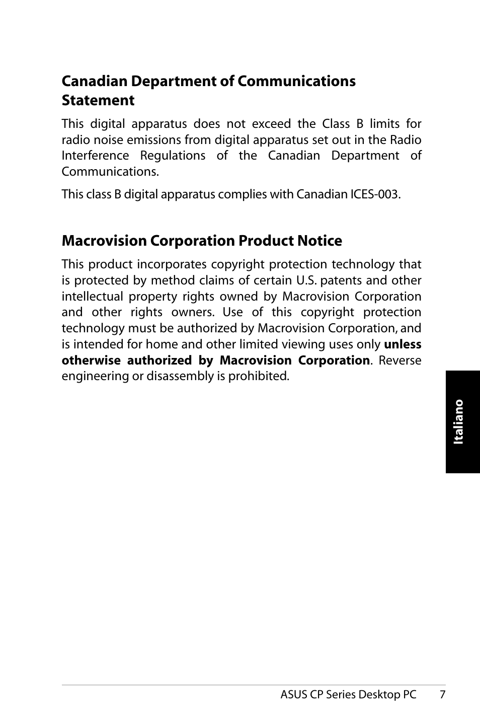 Canadian department of communications statement, Macrovision corporation product notice | Asus CP1420 User Manual | Page 67 / 202