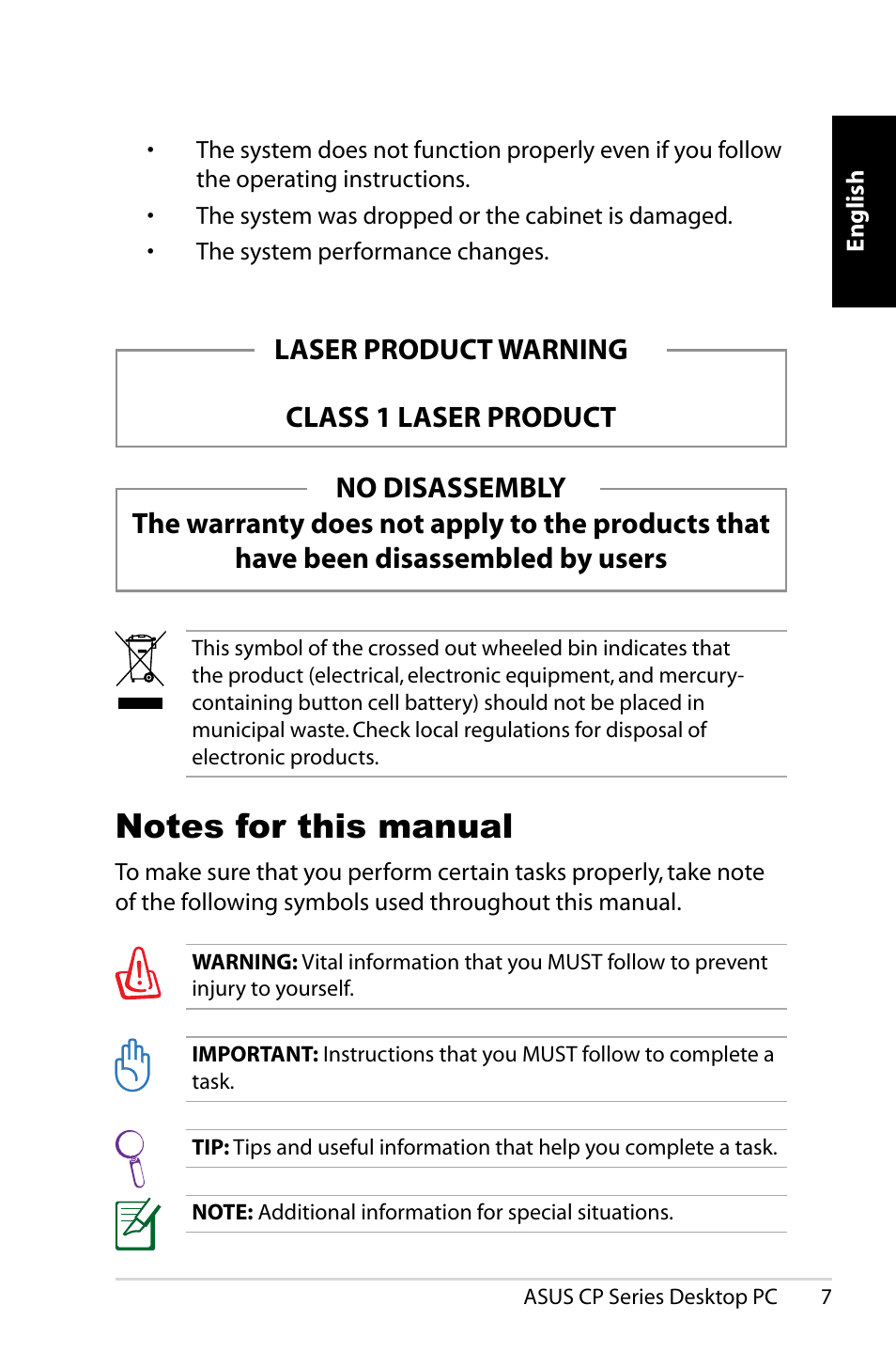 Laser product warning class 1 laser product | Asus CP1420 User Manual | Page 7 / 202