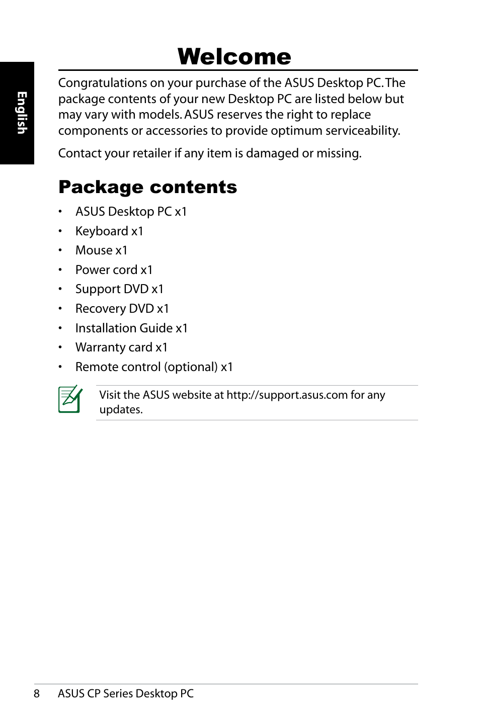 Welcome, Package contents | Asus CP1420 User Manual | Page 8 / 202