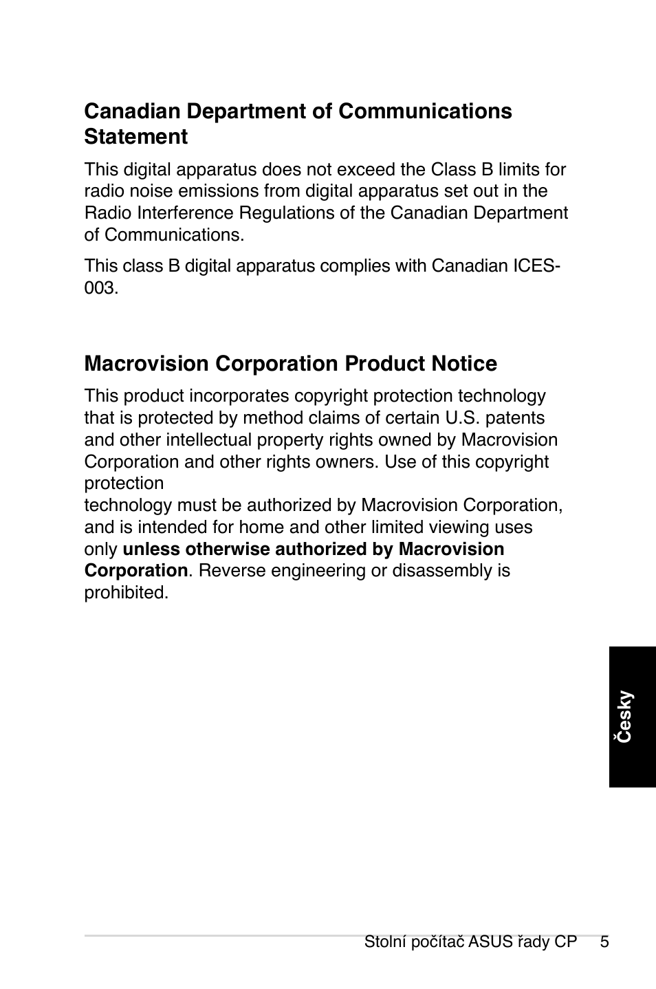 Canadian department of communications statement, Macrovision corporation product notice | Asus CP1420 User Manual | Page 87 / 202