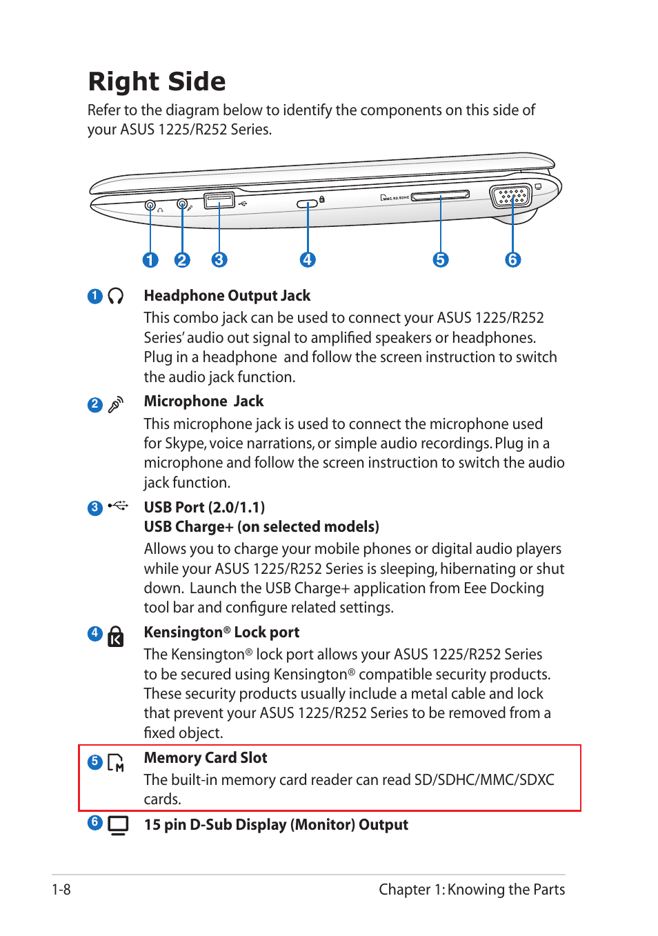 Right side | Asus Eee PC R252C User Manual | Page 16 / 63