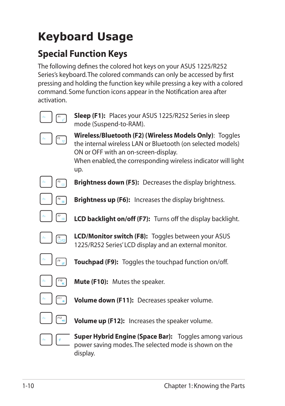 Keyboard usage, Special function keys | Asus Eee PC R252C User Manual | Page 18 / 63