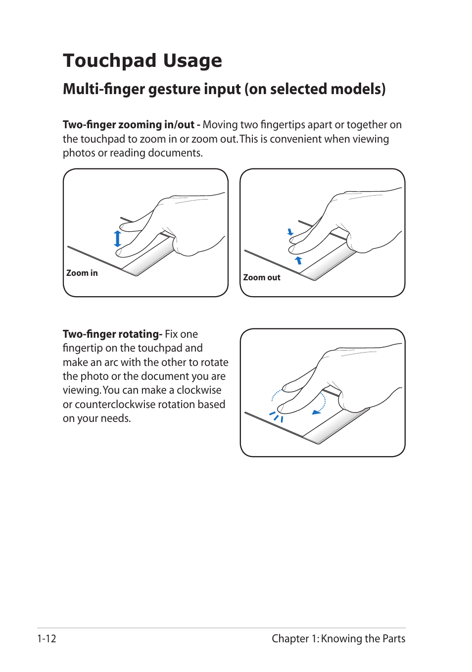 Touchpad usage, Multi-finger gesture input (on selected models) | Asus Eee PC R252C User Manual | Page 20 / 63