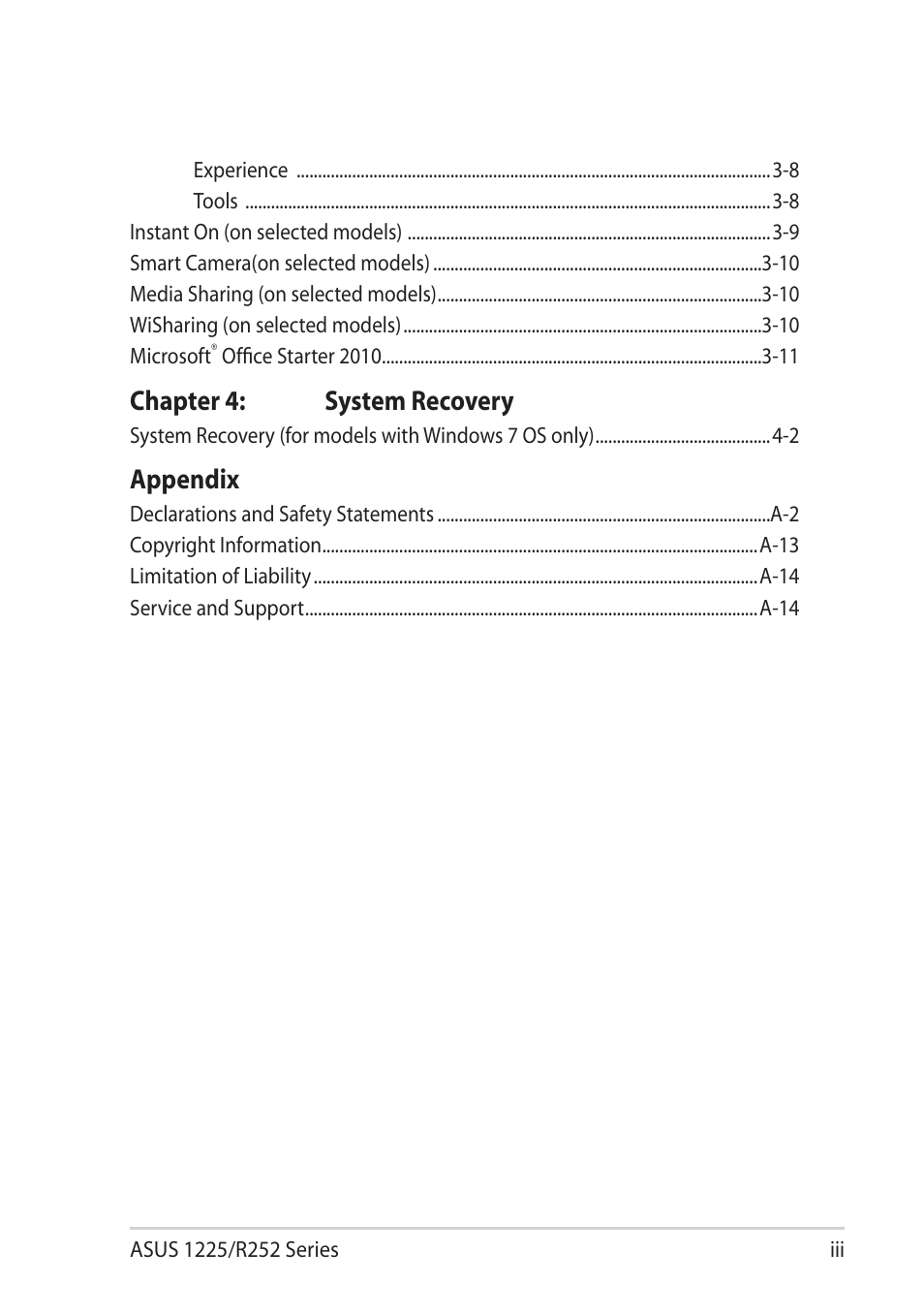 Chapter 4: system recovery, Appendix | Asus Eee PC R252C User Manual | Page 3 / 63