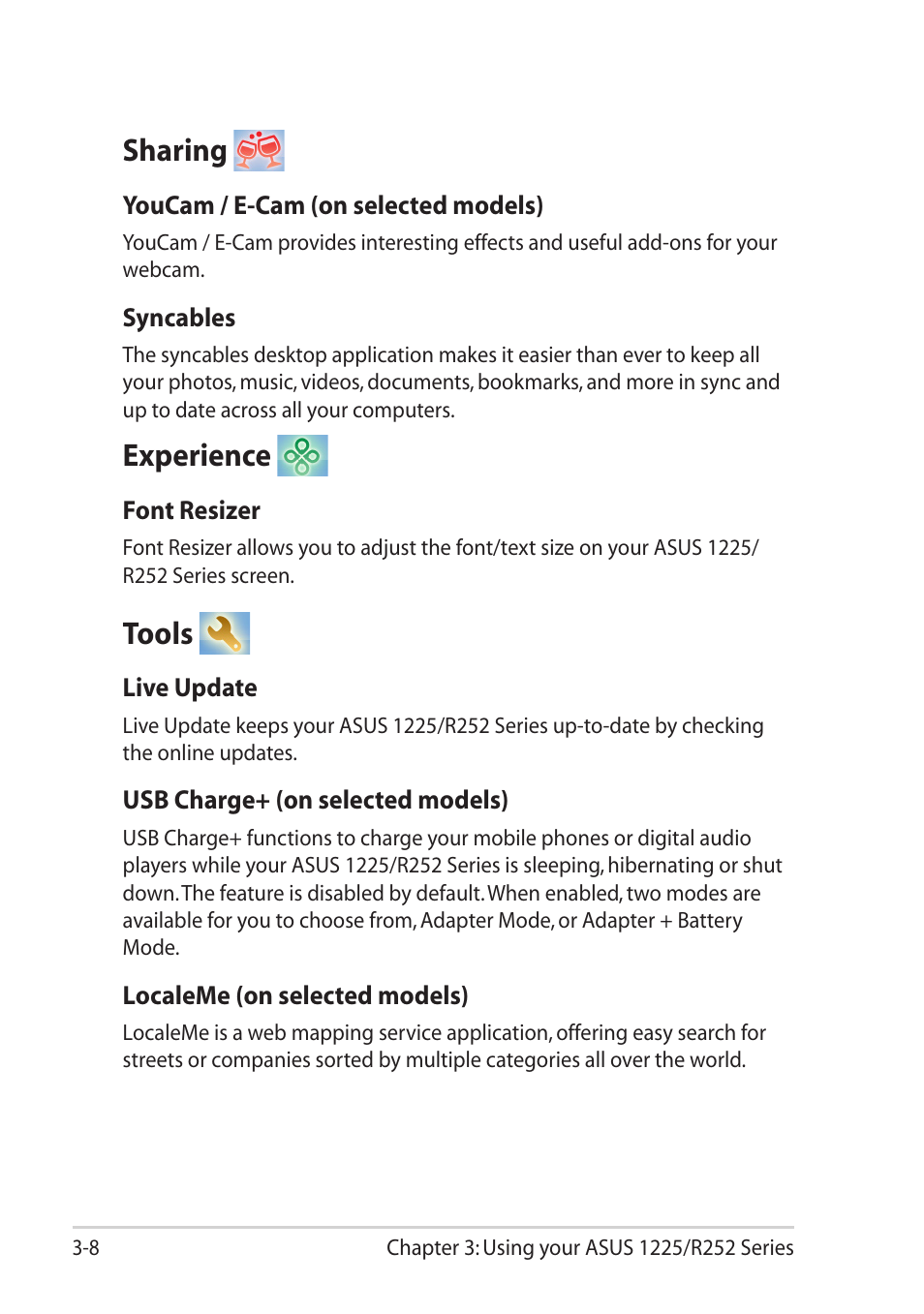 Sharing, Experience, Tools | Asus Eee PC R252C User Manual | Page 39 / 63