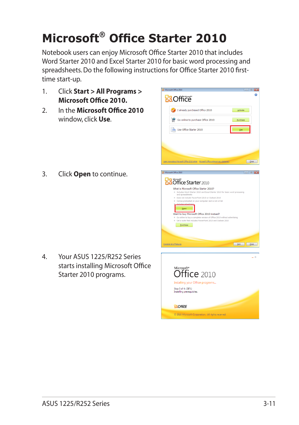 Microsoft, Office starter 2010 | Asus Eee PC R252C User Manual | Page 42 / 63