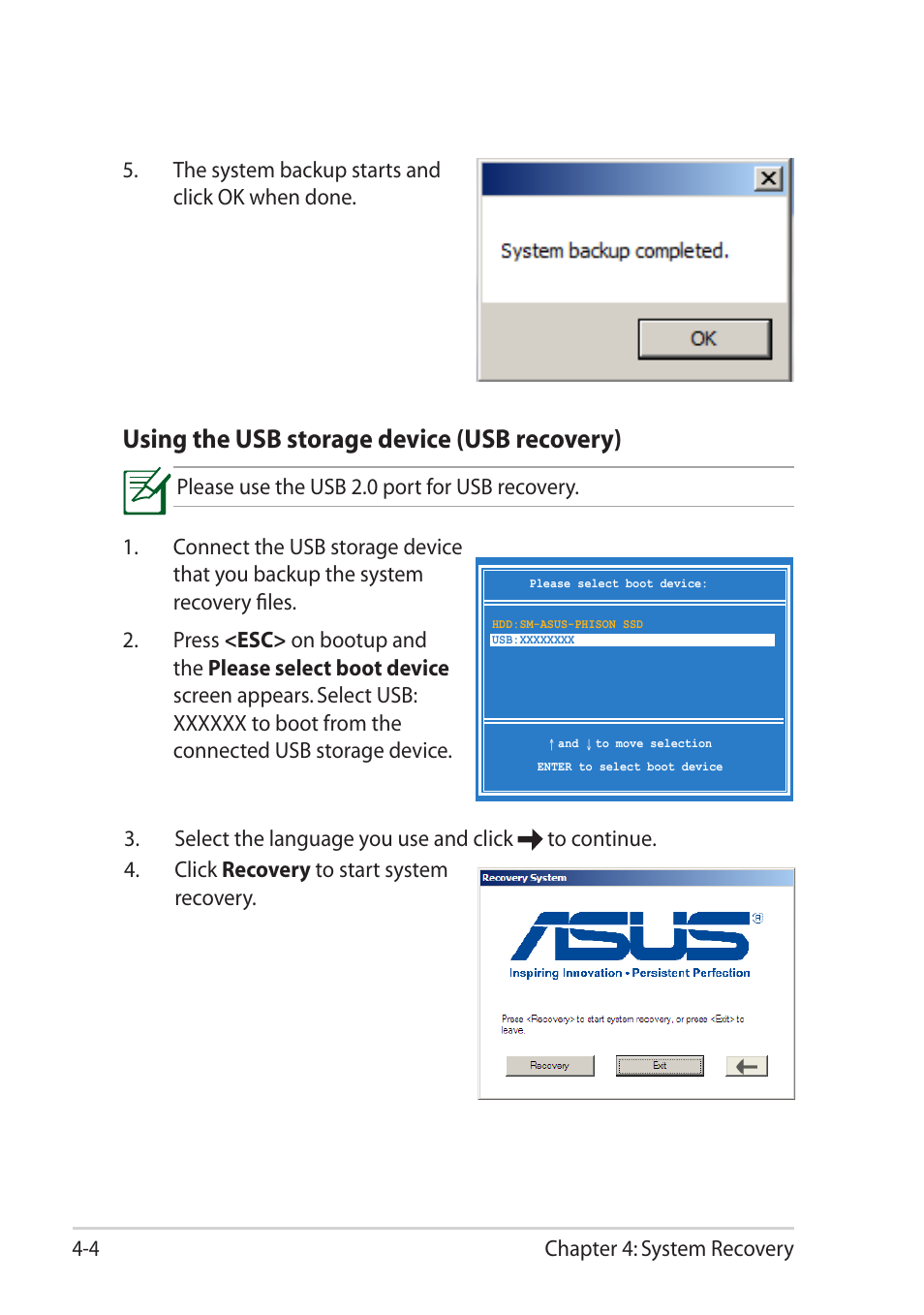 Using the usb storage device (usb recovery) | Asus Eee PC R252C User Manual | Page 47 / 63