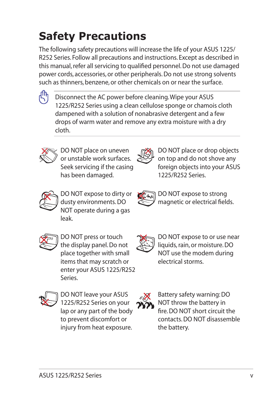 Safety precautions | Asus Eee PC R252C User Manual | Page 5 / 63