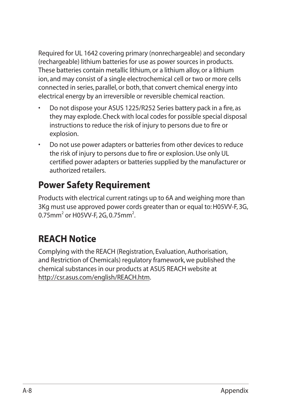 Power safety requirement, Reach notice | Asus Eee PC R252C User Manual | Page 57 / 63