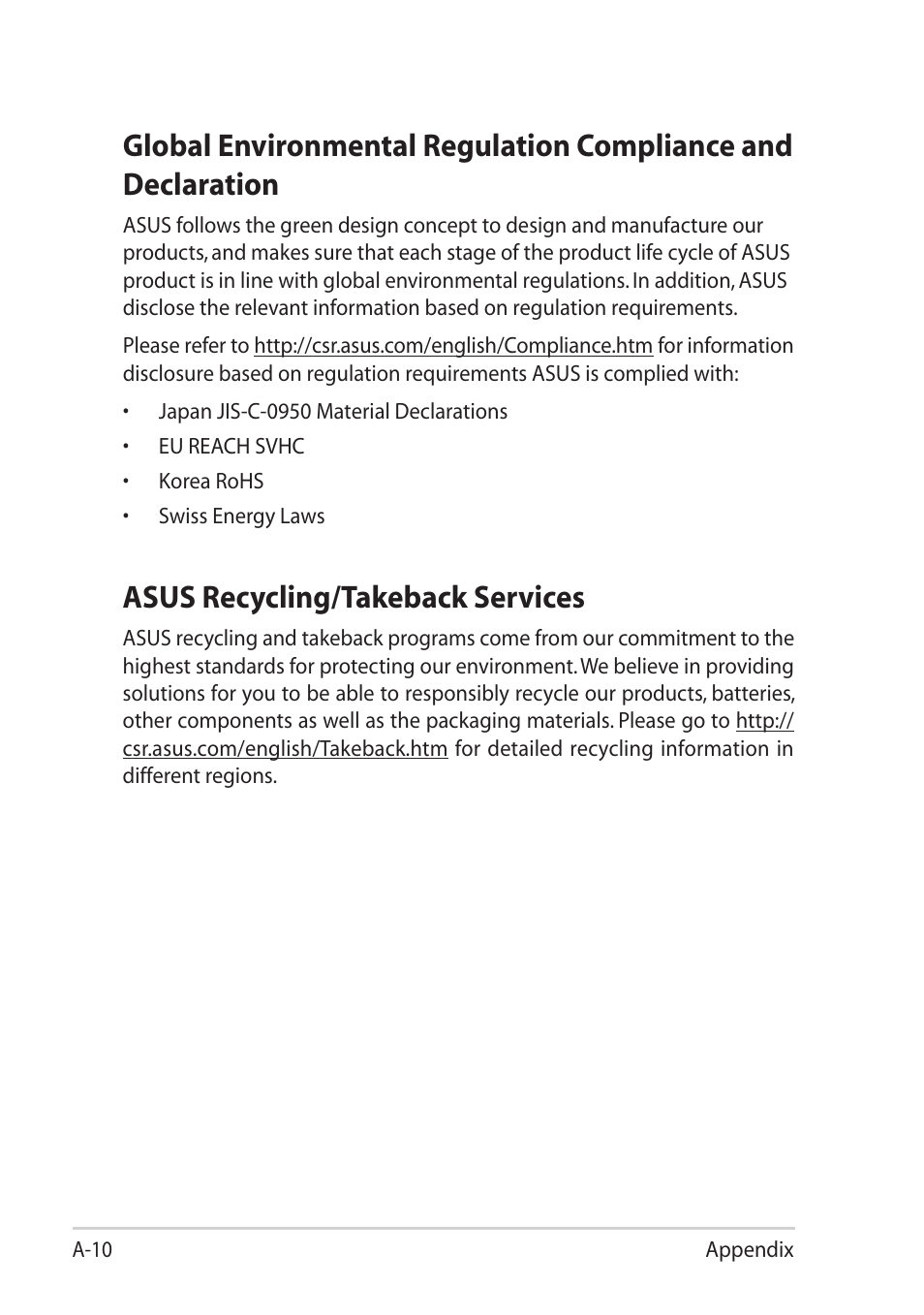 Asus recycling/takeback services | Asus Eee PC R252C User Manual | Page 59 / 63