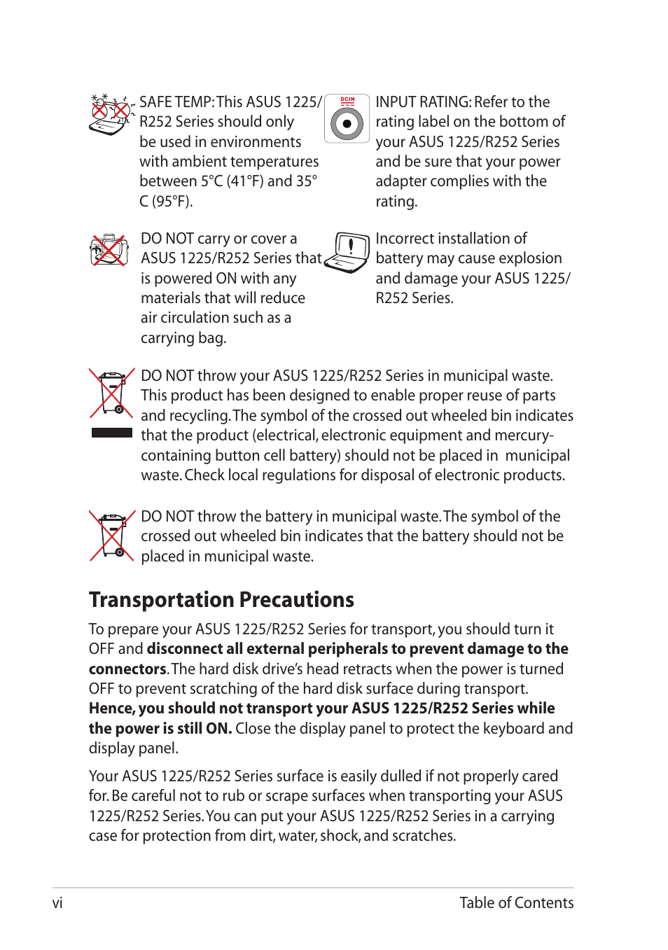 Transportation precautions | Asus Eee PC R252C User Manual | Page 6 / 63