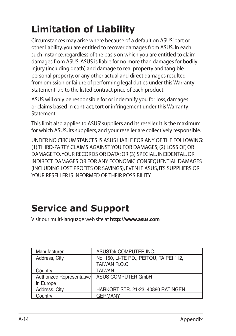 Limitation of liability, Service and support | Asus Eee PC R252C User Manual | Page 63 / 63