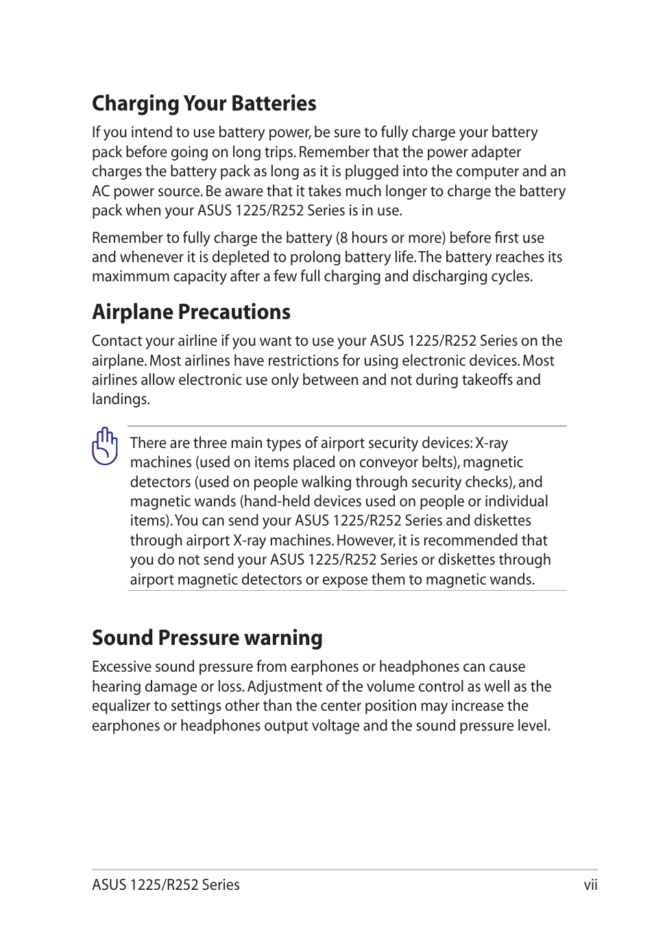 Charging your batteries, Airplane precautions, Sound pressure warning | Asus Eee PC R252C User Manual | Page 7 / 63