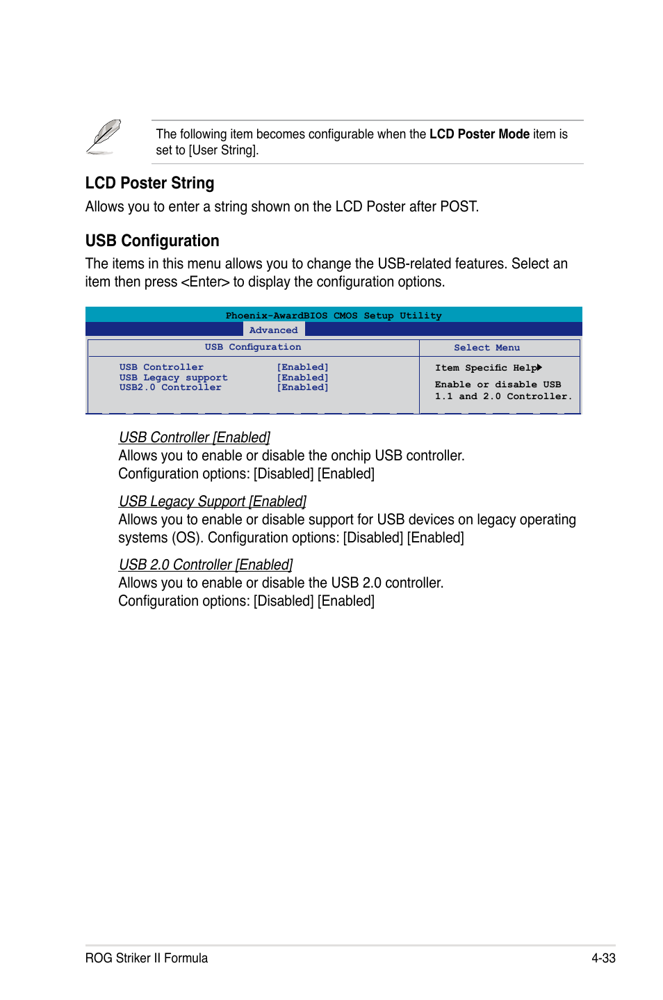 Lcd poster string, Usb configuration | Asus Striker II Formula User Manual | Page 109 / 188