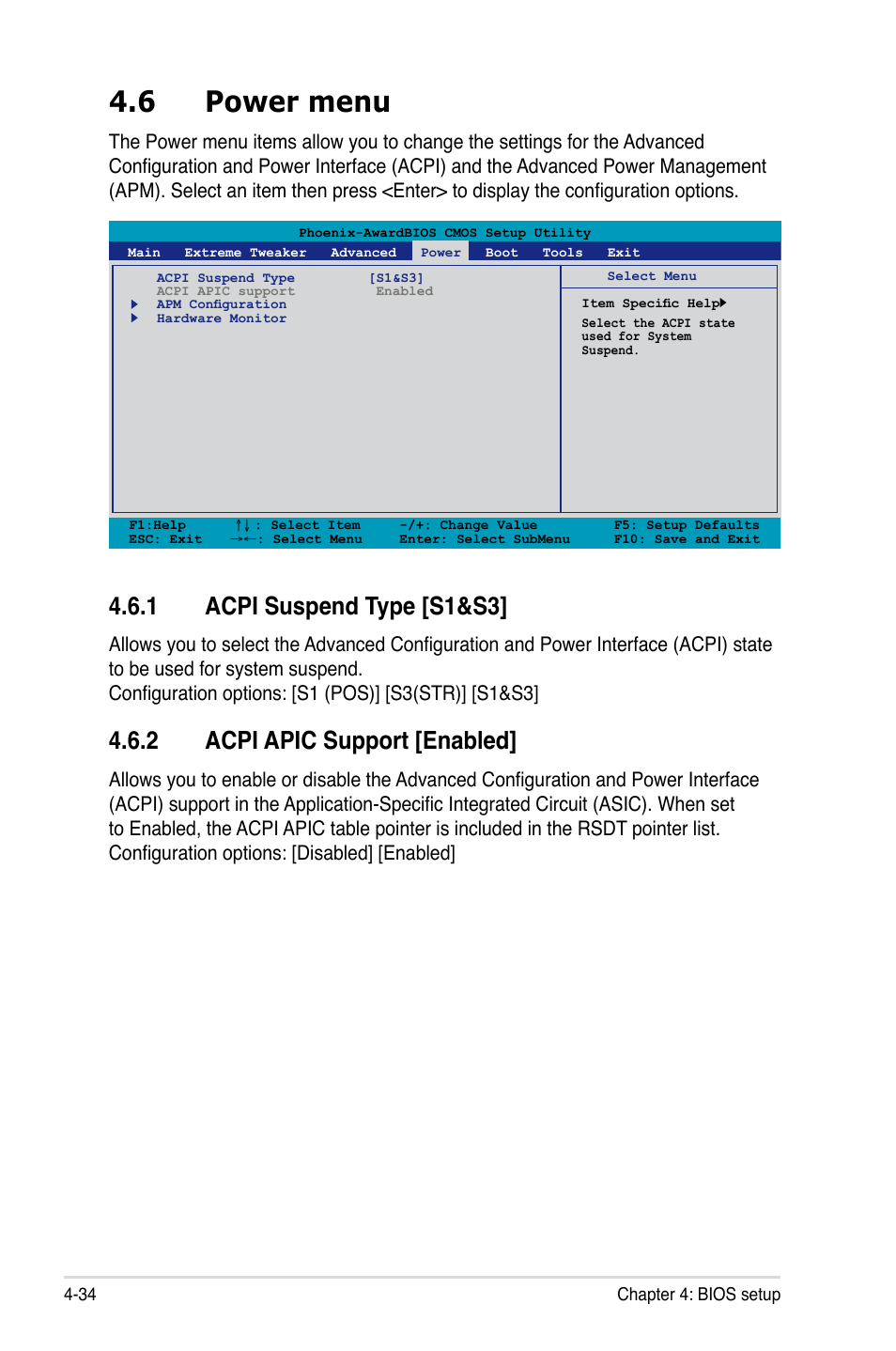 6 power menu, 1 acpi suspend type [s1&s3, 2 acpi apic support [enabled | Power menu -34 4.6.1, Acpi suspend type -34, Acpi apic support -34 | Asus Striker II Formula User Manual | Page 110 / 188