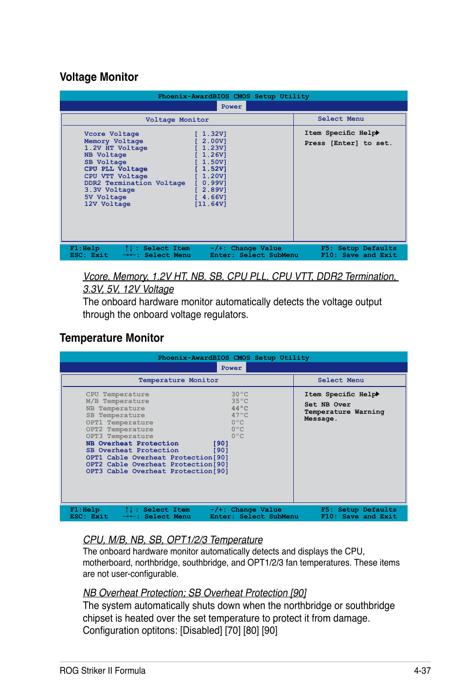 Temperature monitor, Voltage monitor, Cpu, m/b, nb, sb, opt1/2/3 temperature | Rog striker ii formula 4-37 | Asus Striker II Formula User Manual | Page 113 / 188