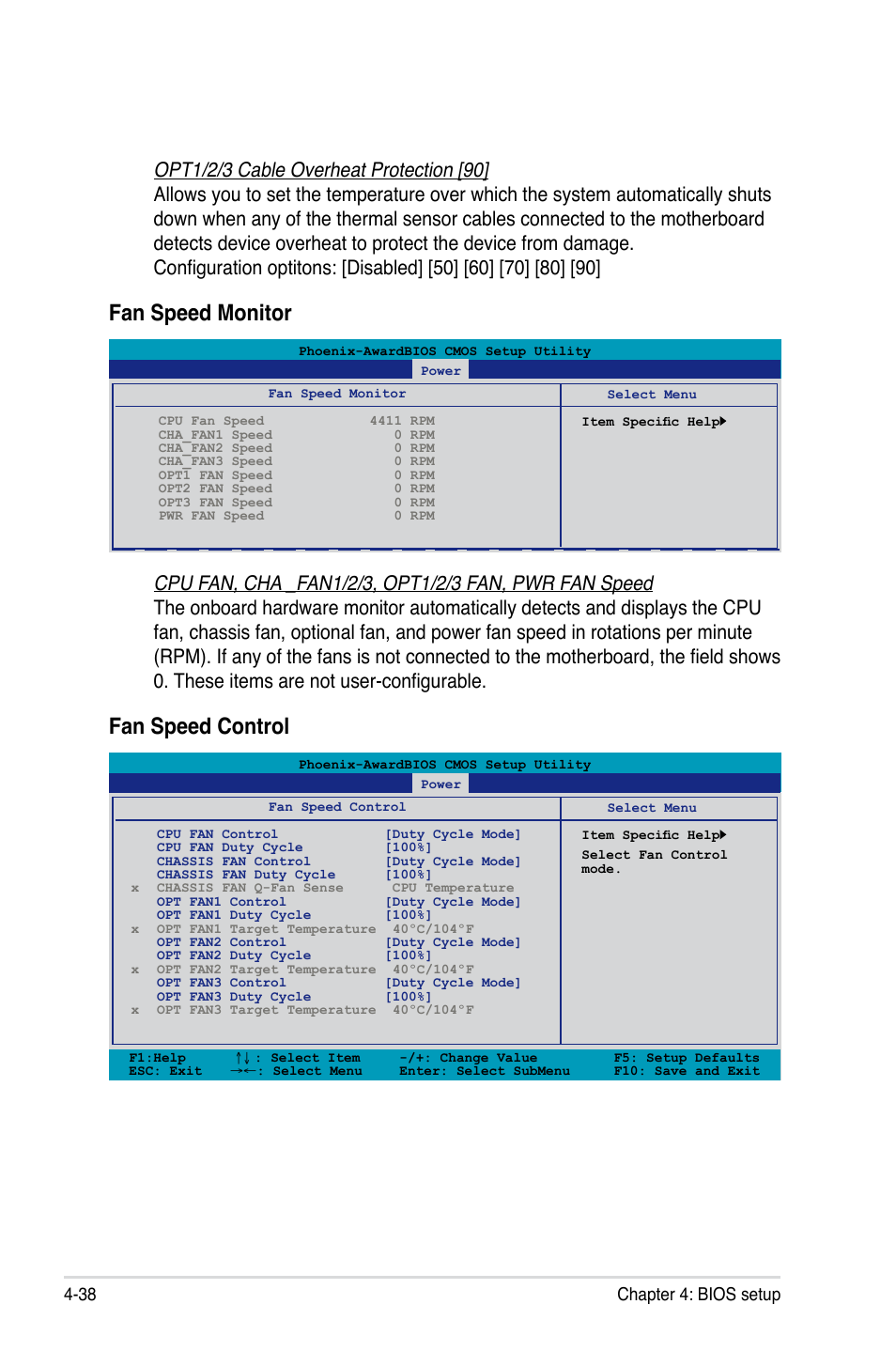 Fan speed control, Fan speed monitor, 38 chapter 4: bios setup | Asus Striker II Formula User Manual | Page 114 / 188