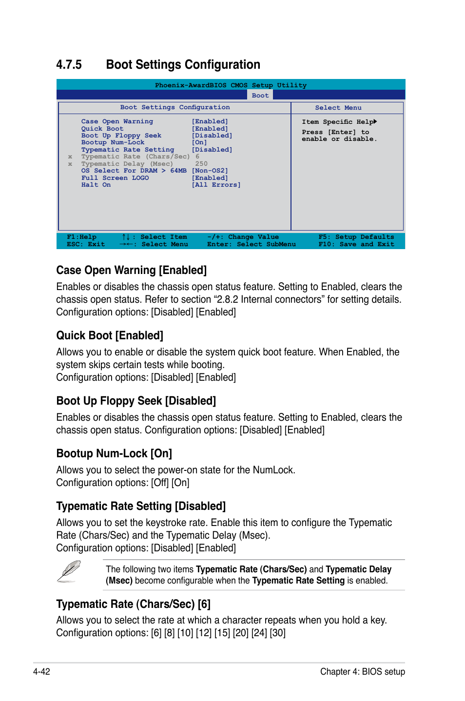 5 boot settings configuration, Boot settings configuration -42, Case open warning [enabled | Quick boot [enabled, Boot up floppy seek [disabled, Bootup num-lock [on, Typematic rate setting [disabled, Typematic rate (chars/sec) [6 | Asus Striker II Formula User Manual | Page 118 / 188