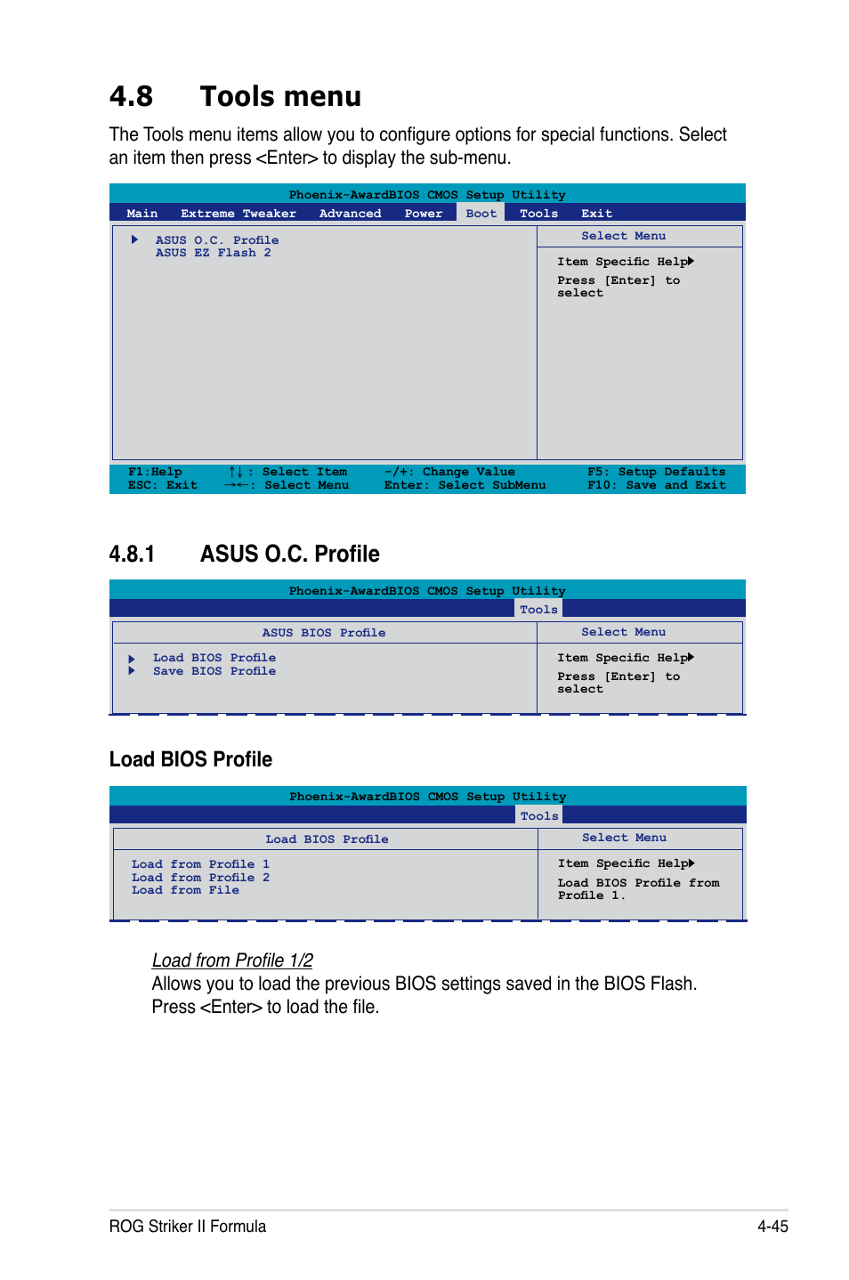 8 tools menu, 1 asus o.c. profile, Tools menu -45 4.8.1 | Asus o.c. profile -45, Load bios profile | Asus Striker II Formula User Manual | Page 121 / 188