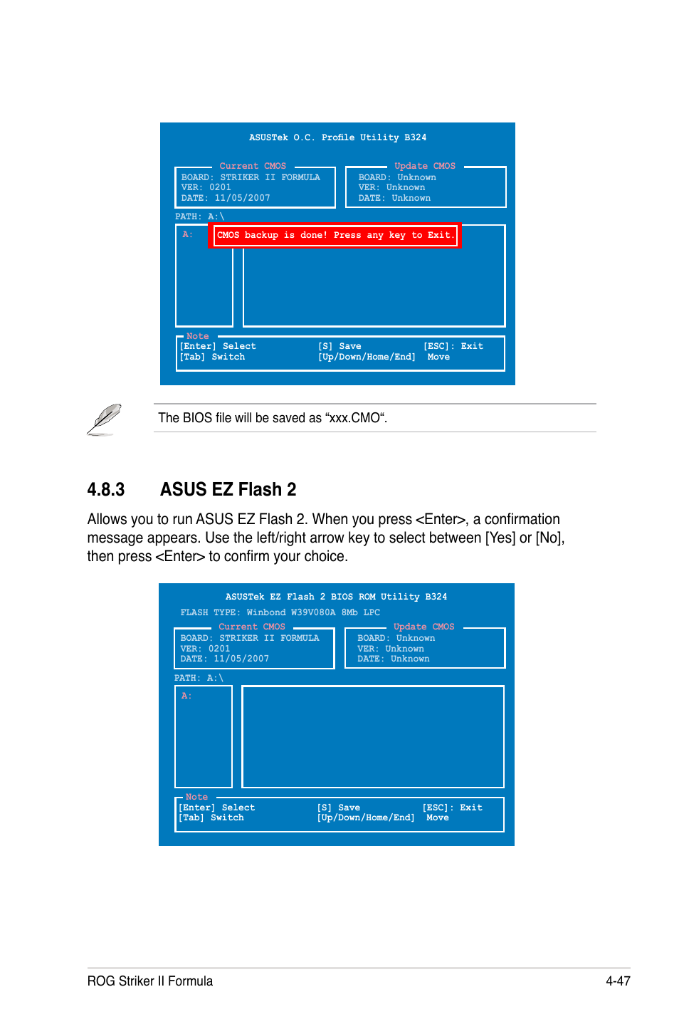 3 asus ez flash 2, Asus ez flash 2 -47, Rog striker ii formula 4-47 | The bios file will be saved as “xxx.cmo | Asus Striker II Formula User Manual | Page 123 / 188