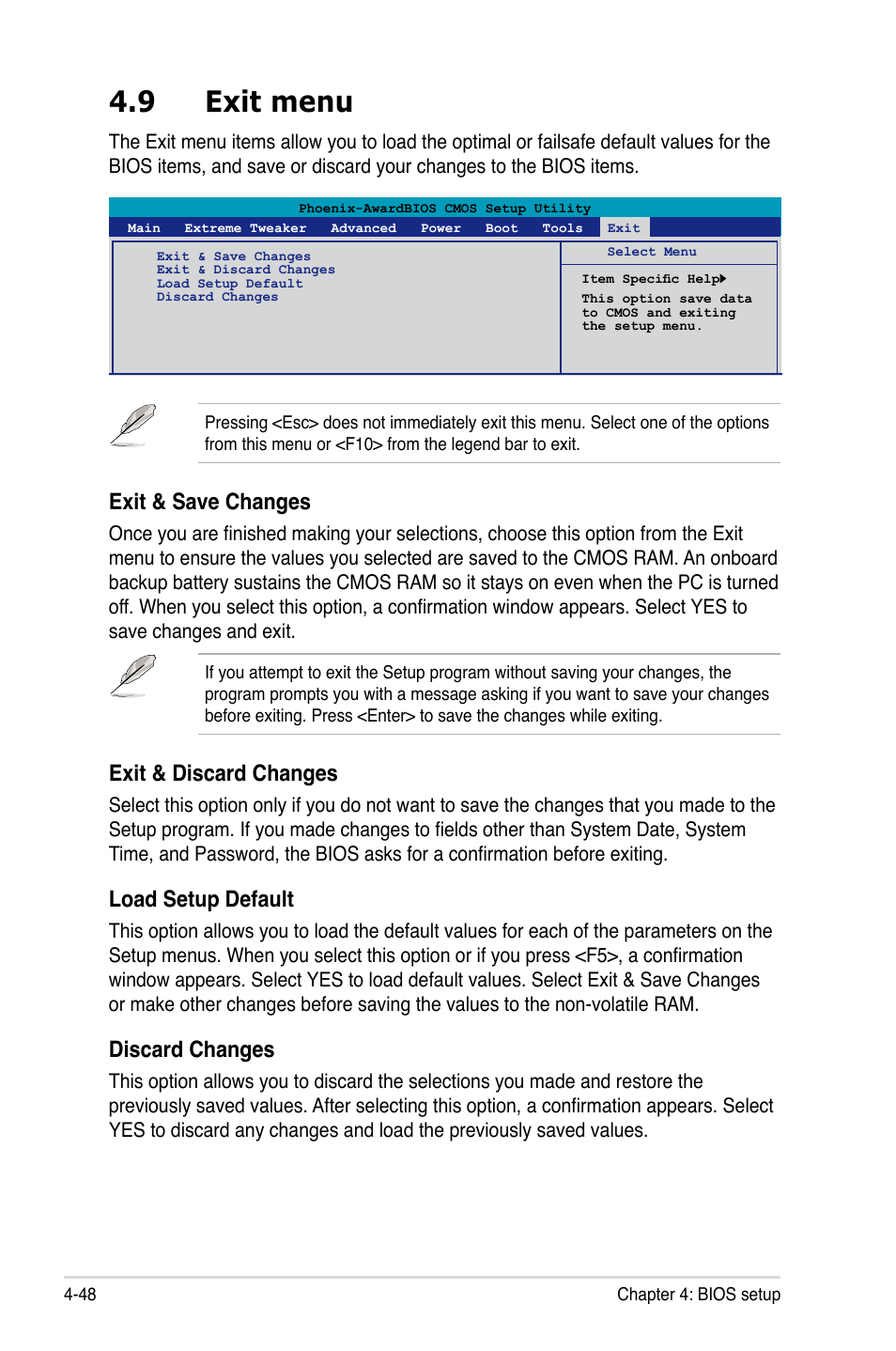 9 exit menu, Exit menu -48, Exit & save changes | Exit & discard changes, Load setup default, Discard changes | Asus Striker II Formula User Manual | Page 124 / 188