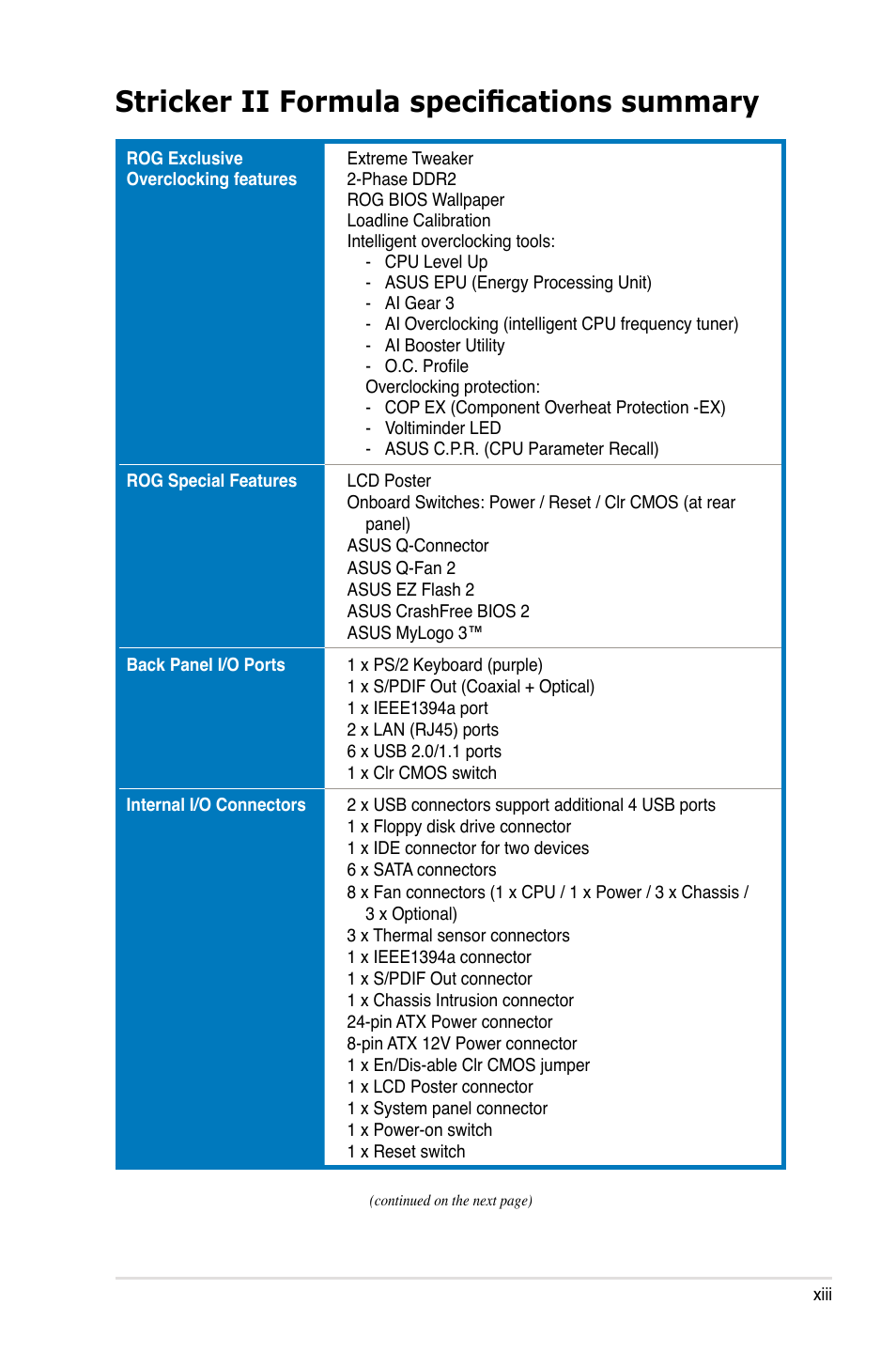 Stricker ii formula specifications summary | Asus Striker II Formula User Manual | Page 13 / 188