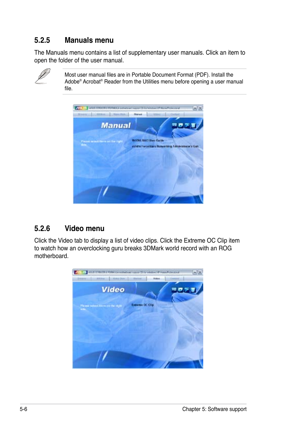 5 manuals menu, 6 video menu, Manuals menu -6 | Video menu -6 | Asus Striker II Formula User Manual | Page 132 / 188