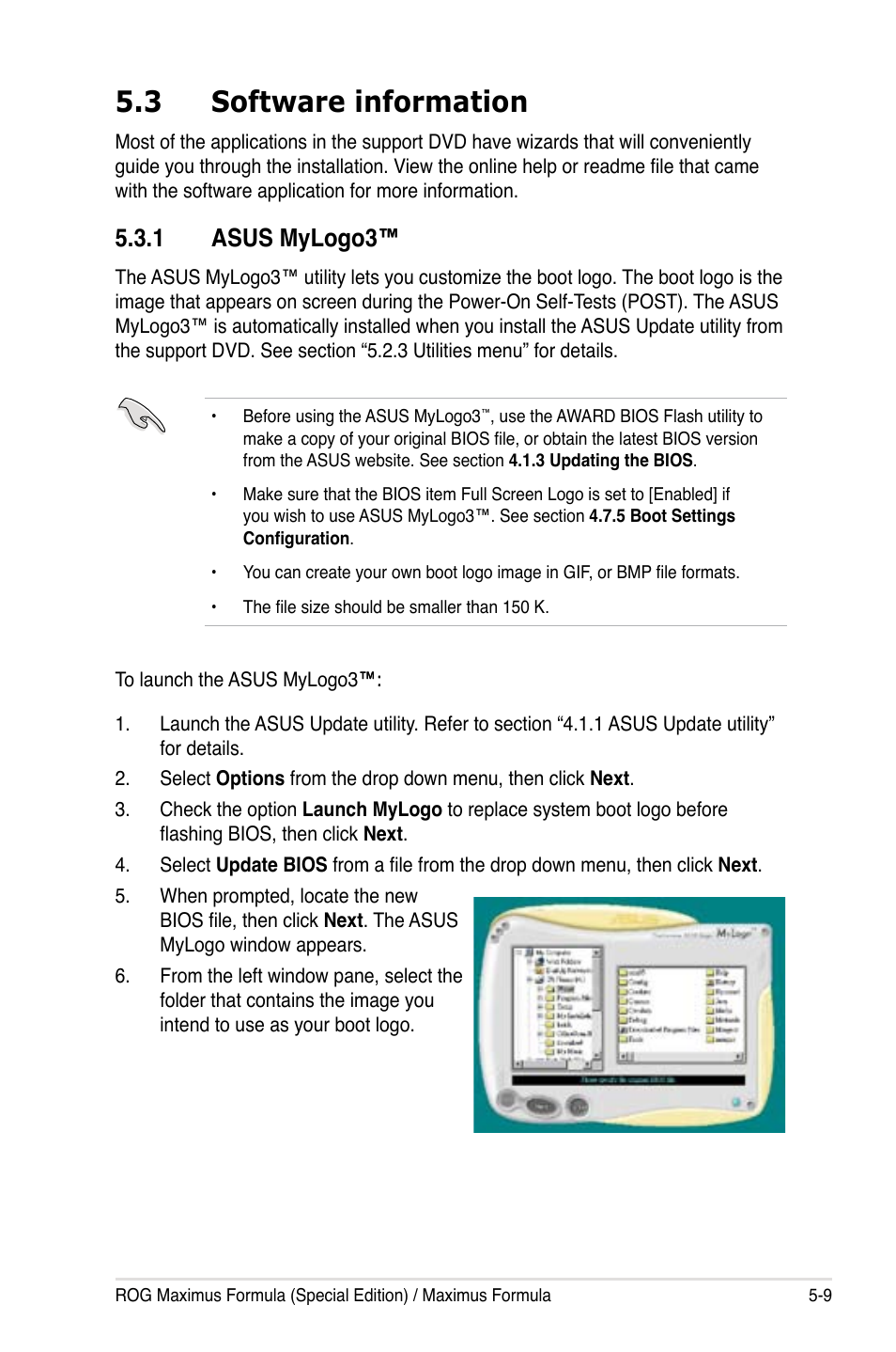 3 software information, 1 asus mylogo3, Software information -9 5.3.1 | Asus mylogo3 | Asus Striker II Formula User Manual | Page 135 / 188