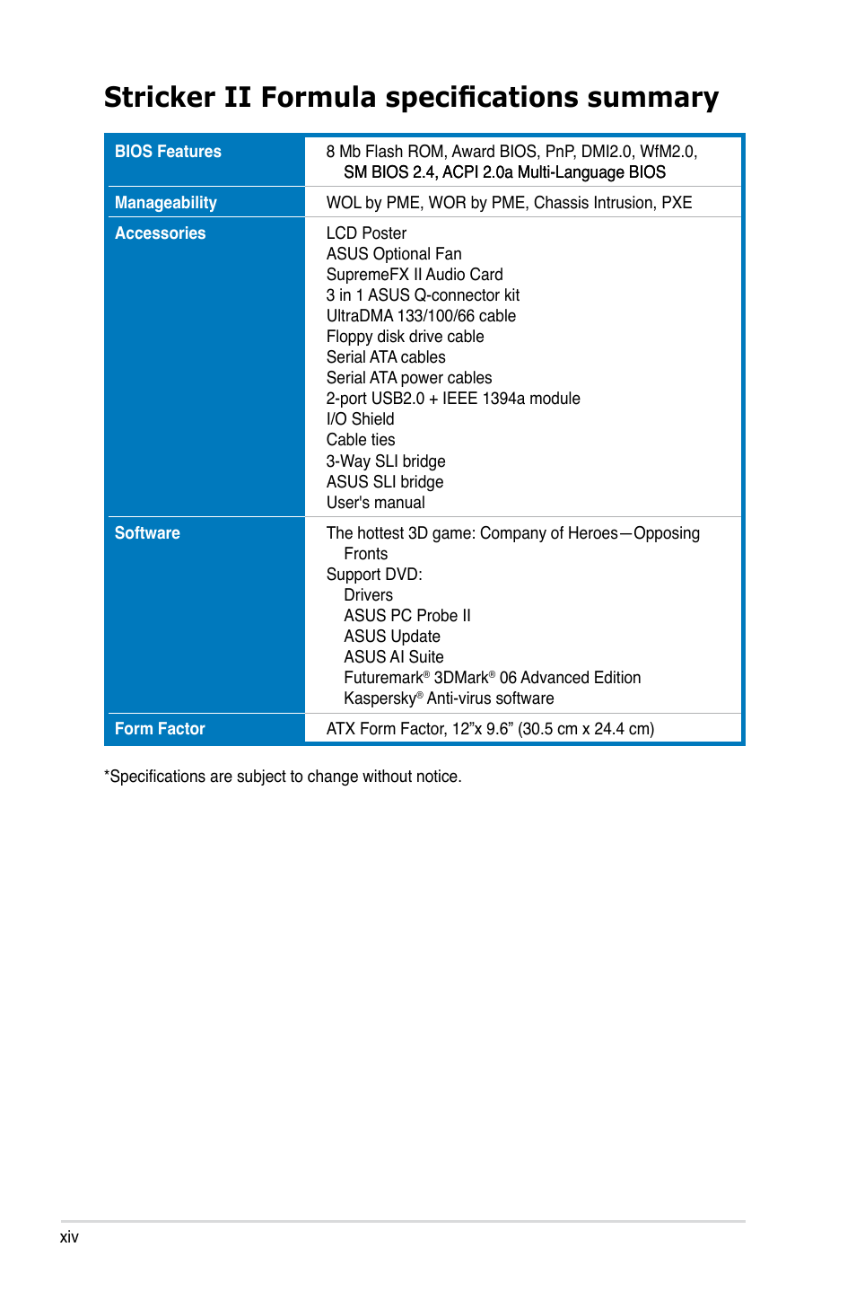 Stricker ii formula specifications summary | Asus Striker II Formula User Manual | Page 14 / 188