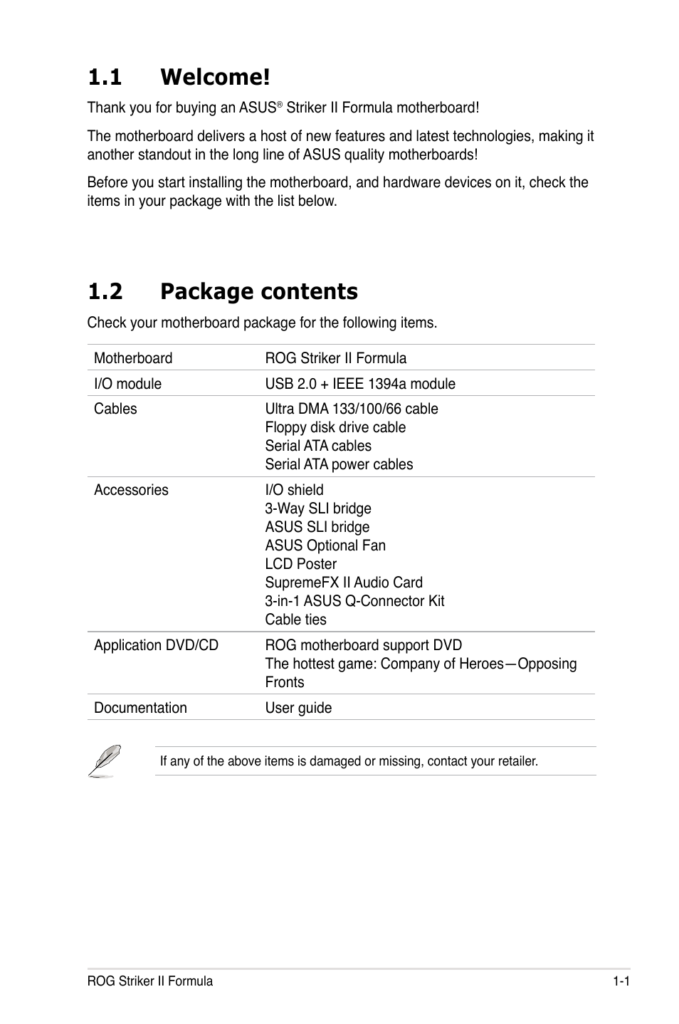 1 welcome, 2 package contents, Welcome! -1 | Package contents -1 | Asus Striker II Formula User Manual | Page 17 / 188