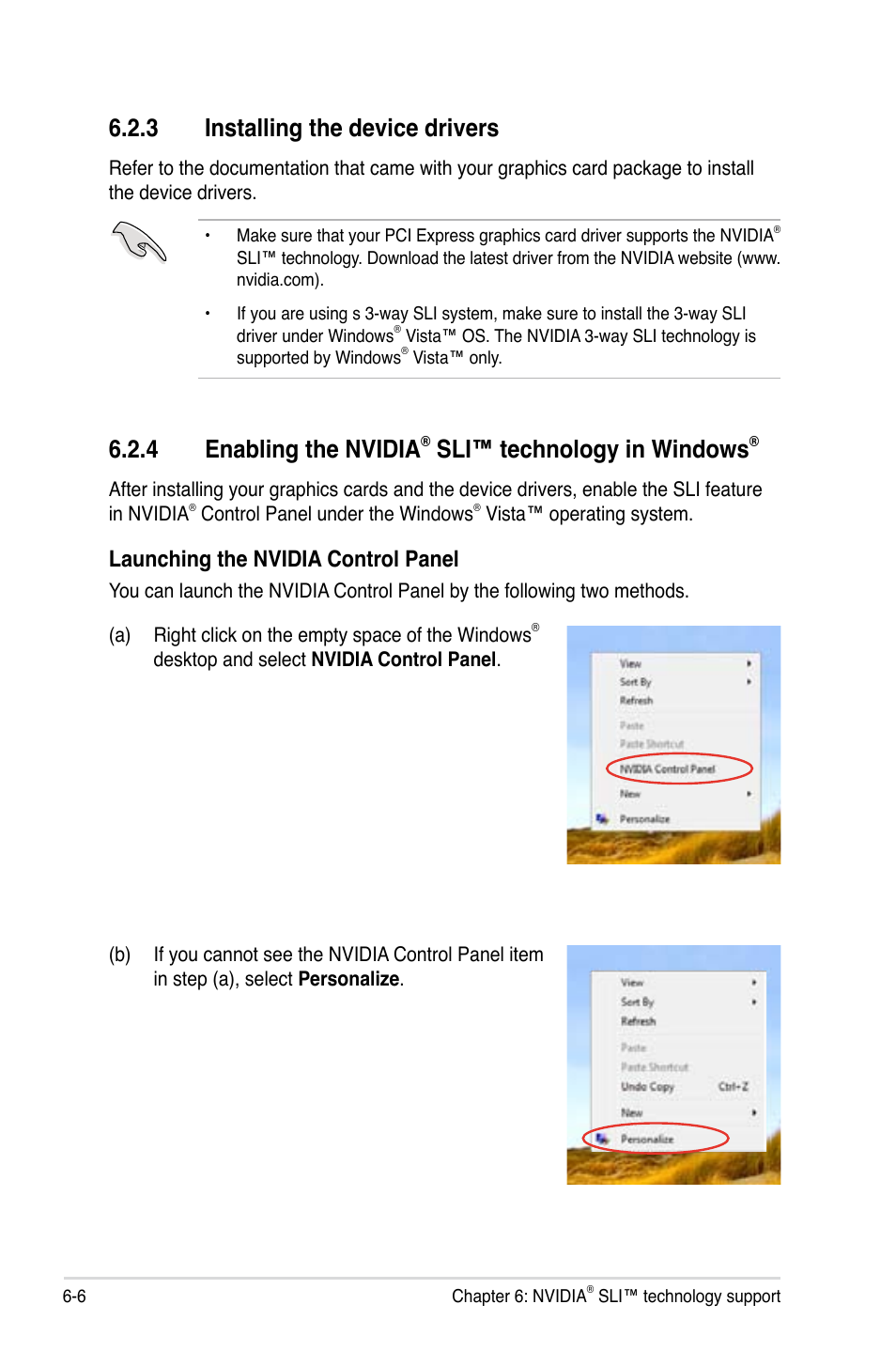 3 installing the device drivers, 4 enabling the nvidia® sli™ technology in windows, Installing the device drivers -6 | Enabling the nvidia, Sli™ technology in windows, 4 enabling the nvidia, Launching the nvidia control panel | Asus Striker II Formula User Manual | Page 178 / 188