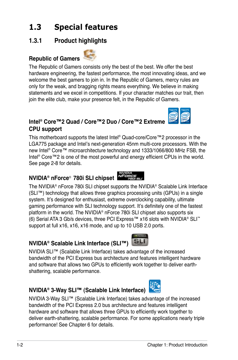 3 special features, 1 product highlights, Special features -2 1.3.1 | Product highlights -2, Republic of gamers, Intel, Nvidia, Nforce, 780i sli chipset, Scalable link interface (sli™) | Asus Striker II Formula User Manual | Page 18 / 188