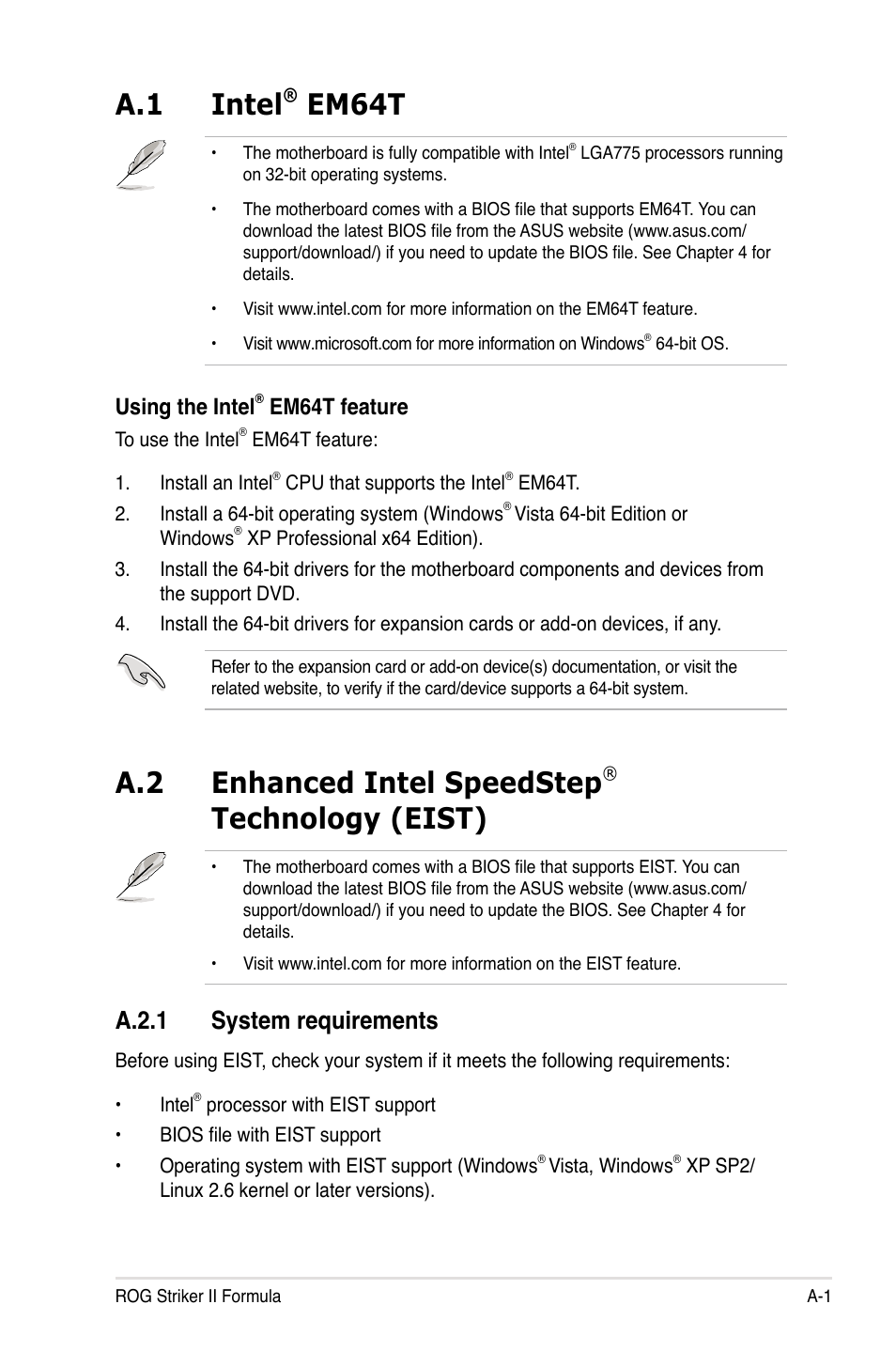 A.1 intel® em64t, A.2 enhanced intel speedstep® technology (eist), A.2.1 system requirements | Intel, Enhanced intel speedstep, Technology (eist) ........................a-1, A.1 intel, Em64t, A.2 enhanced intel speedstep, Technology (eist) | Asus Striker II Formula User Manual | Page 183 / 188