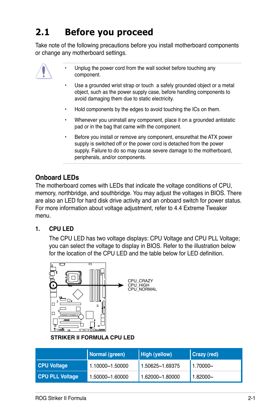 1 before you proceed, Before you proceed -1, Onboard leds | Asus Striker II Formula User Manual | Page 29 / 188