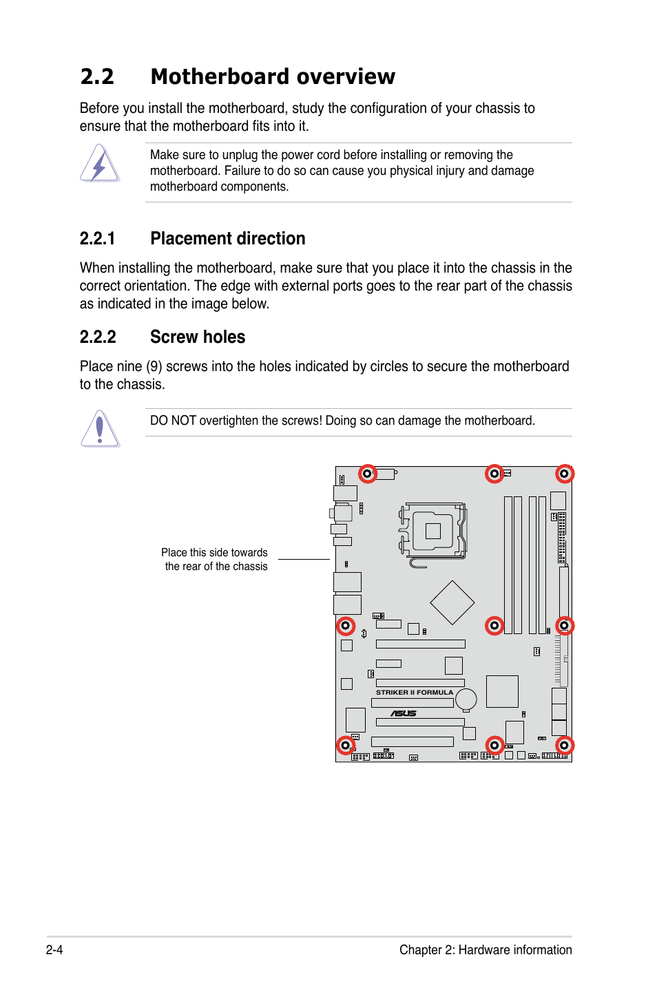 2 motherboard overview, 1 placement direction, 2 screw holes | Motherboard overview -4 2.2.1, Placement direction -4, Screw holes -4 | Asus Striker II Formula User Manual | Page 32 / 188